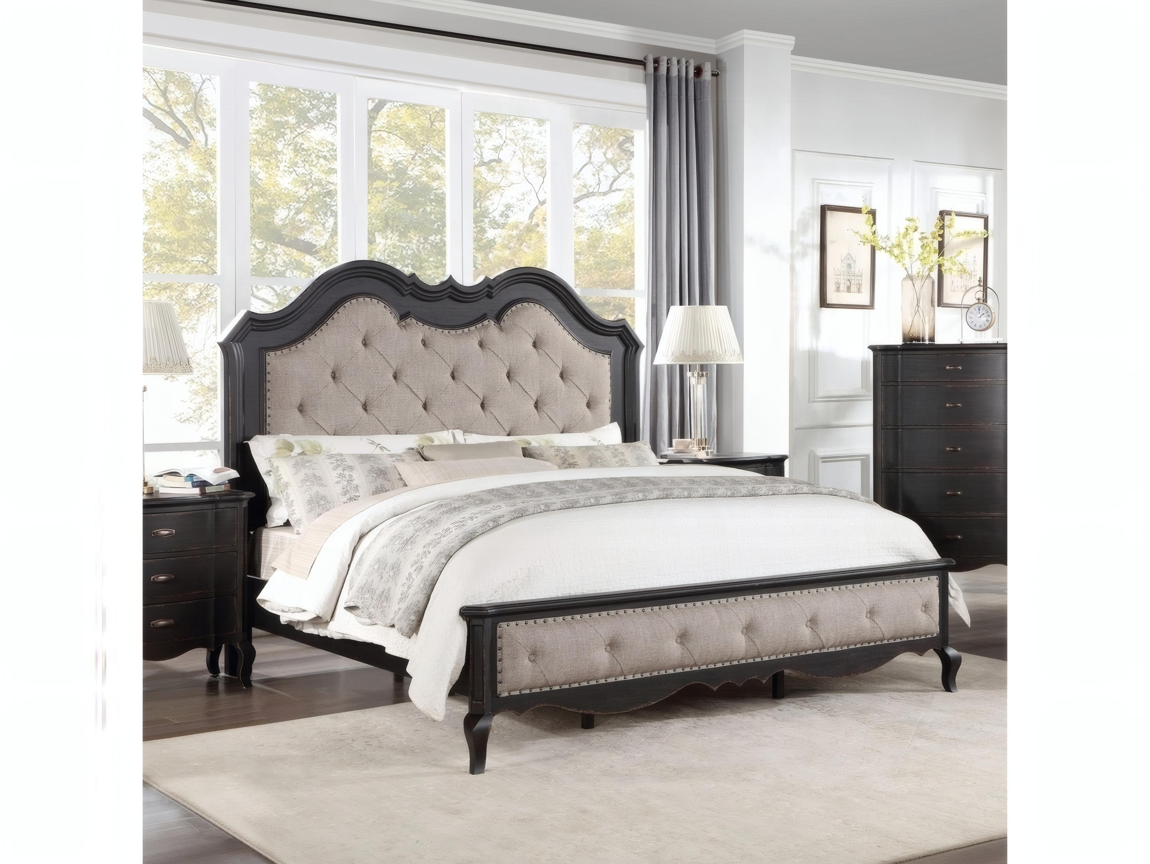 Acme Furniture Chelmsford Beige Fabric Antique Black Rubberwood Upholstered King Platform Bed