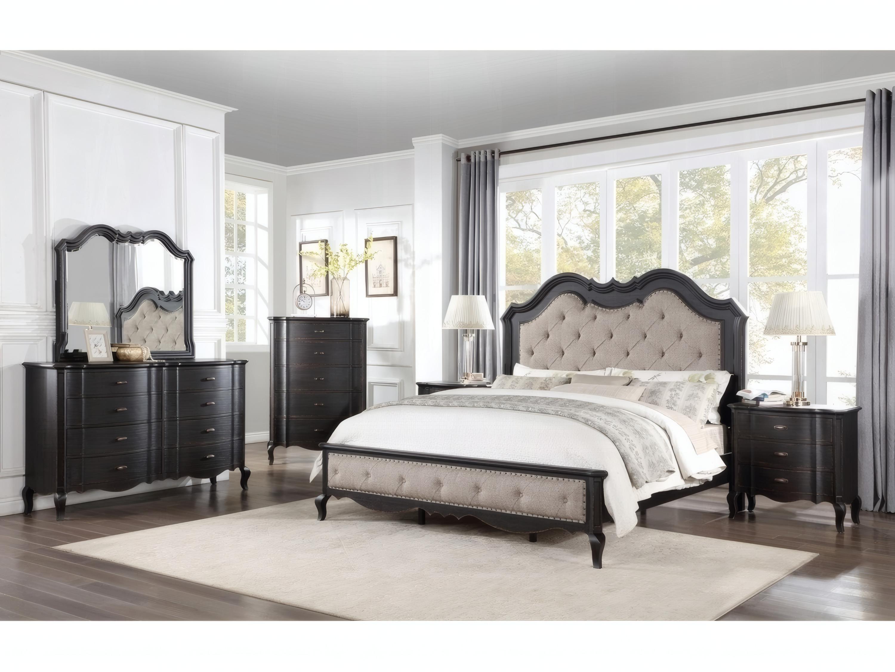 Acme Furniture Chelmsford Beige Fabric Antique Black Rubberwood Upholstered Queen Platform Bed
