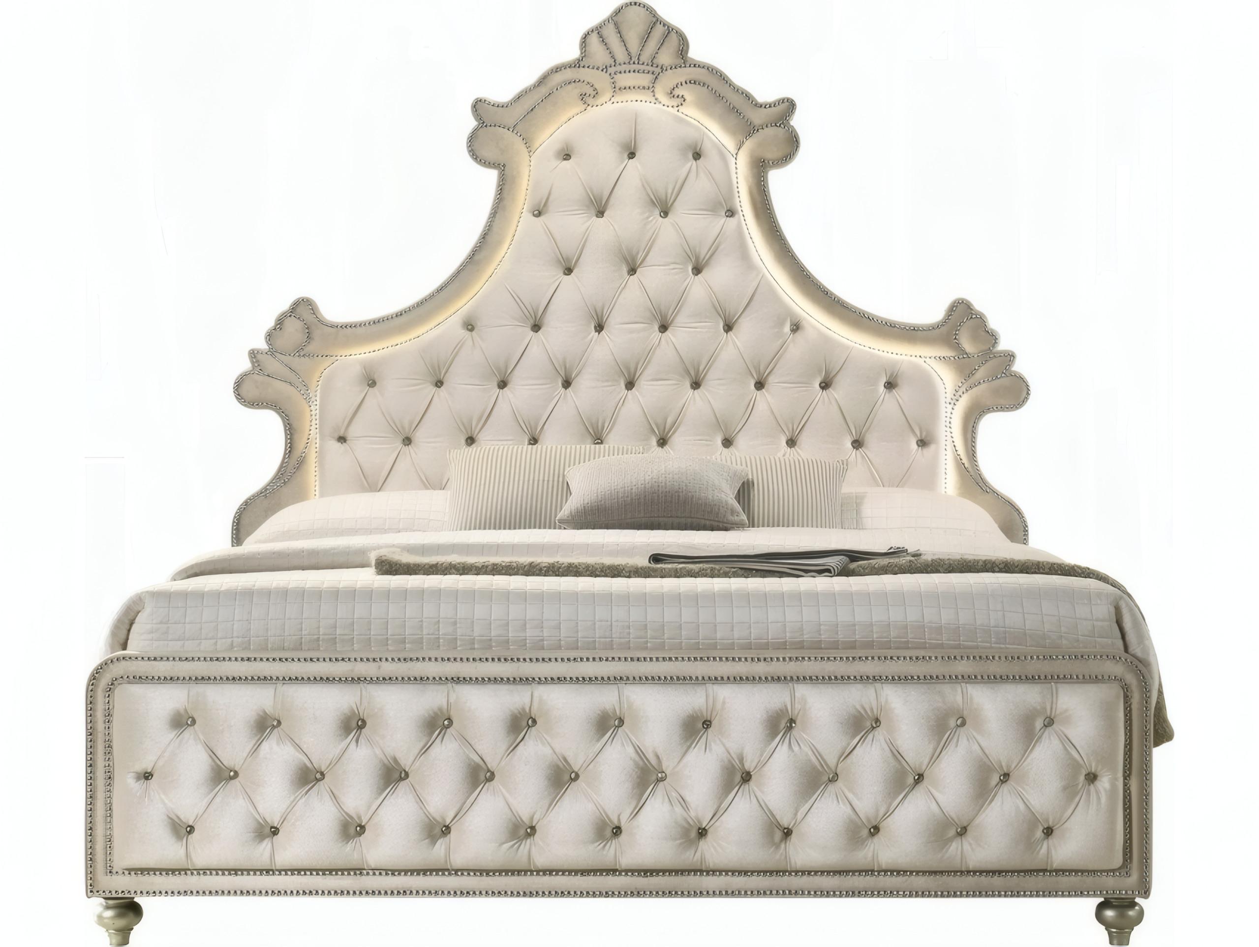 Acme Furniture Lucienne Beige Velvet Rubberwood Upholstered Queen Panel Bed