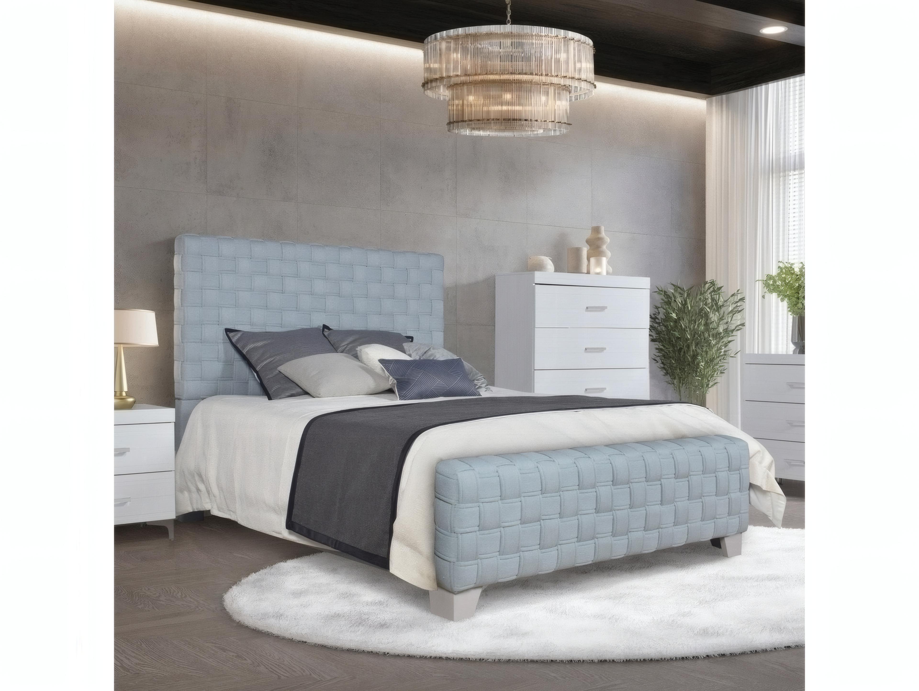 Acme Furniture Saree Light Teal Chenille Gray Blue Poplar Wood Upholstered King Platform Bed