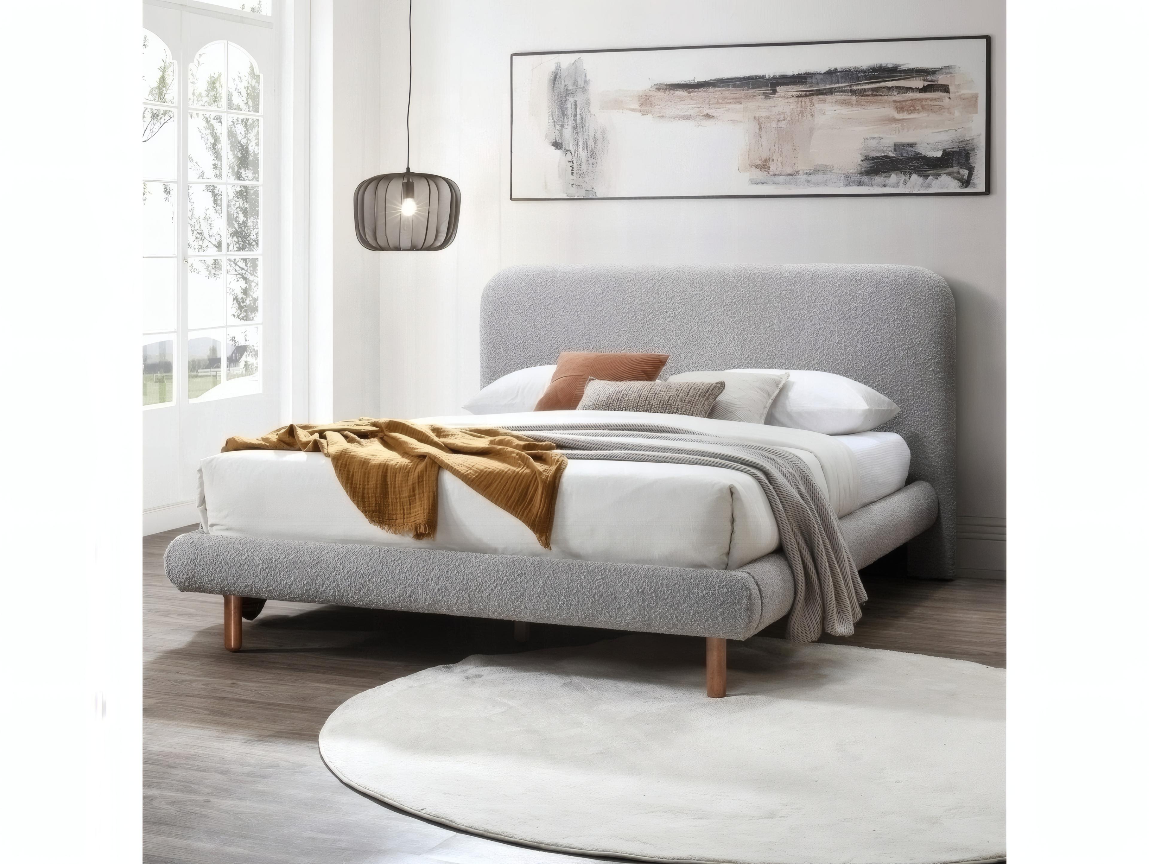 Acme Furniture Cleo Gray Boucle Rubberwood Upholstered King Platform Bed