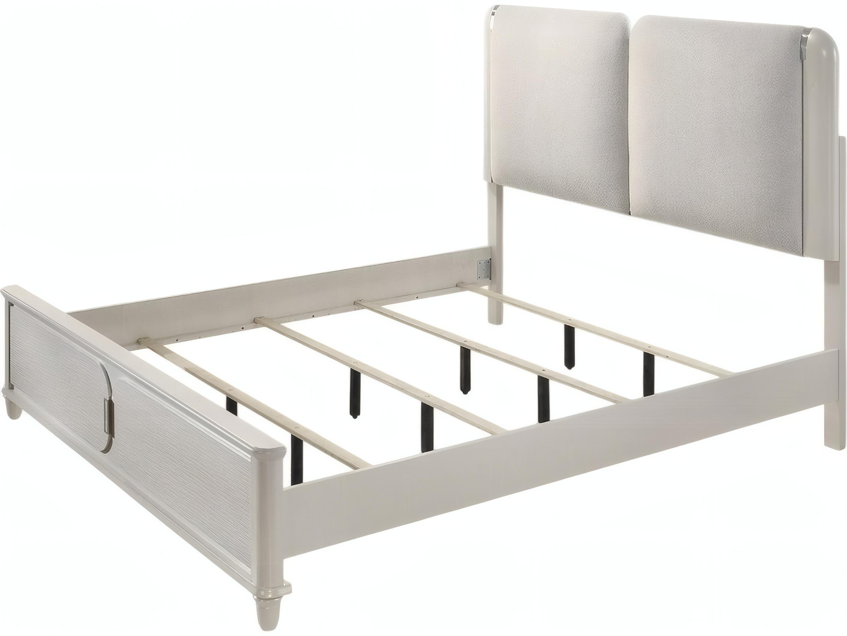 Acme Furniture Laveda Light Gray Boucle Pearl White Rubberwood Upholstered Queen Panel Bed