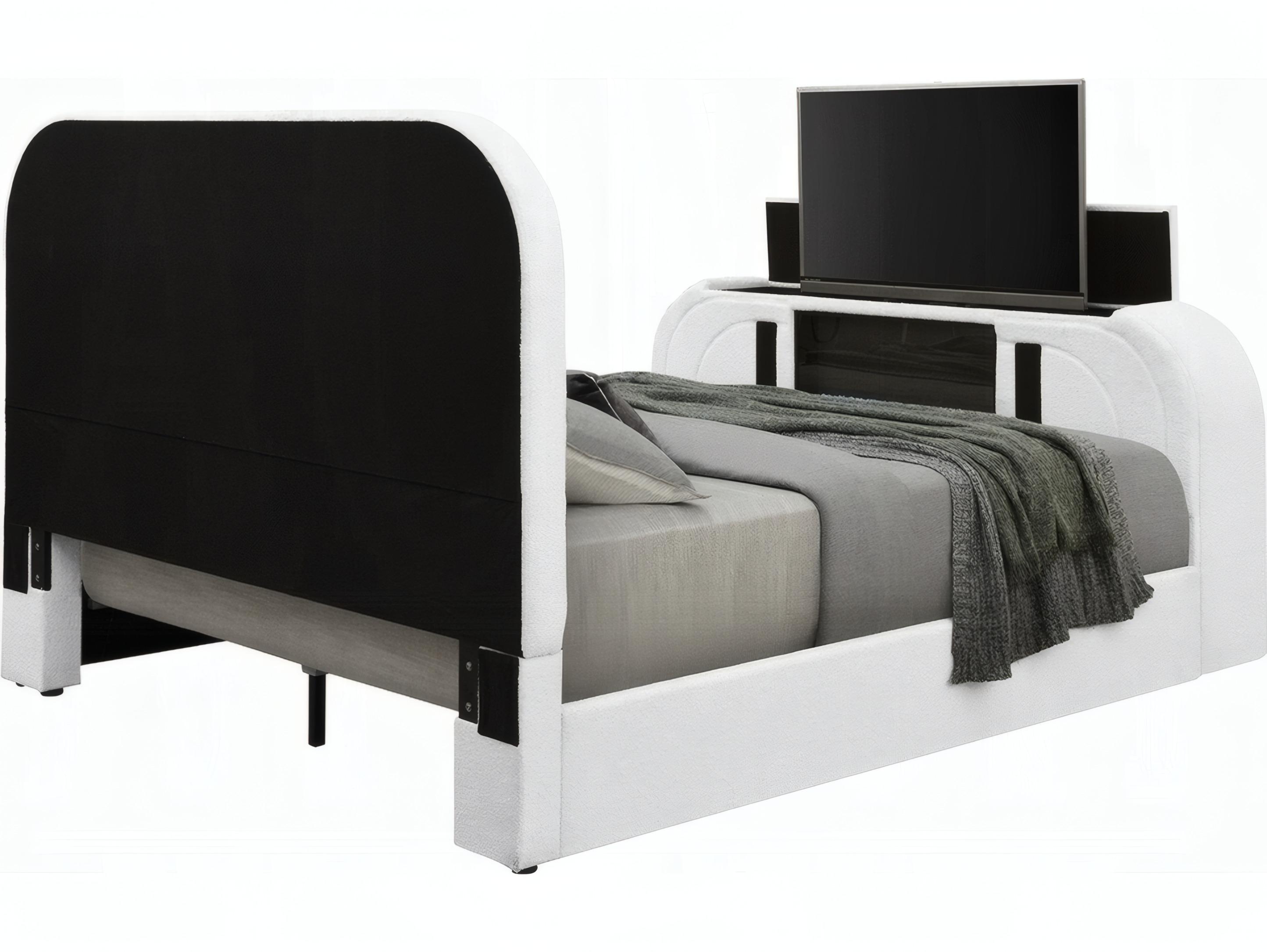 Acme Furniture Shelyn White Teddy Sherpa Chrome Upholstered King Panel Bed