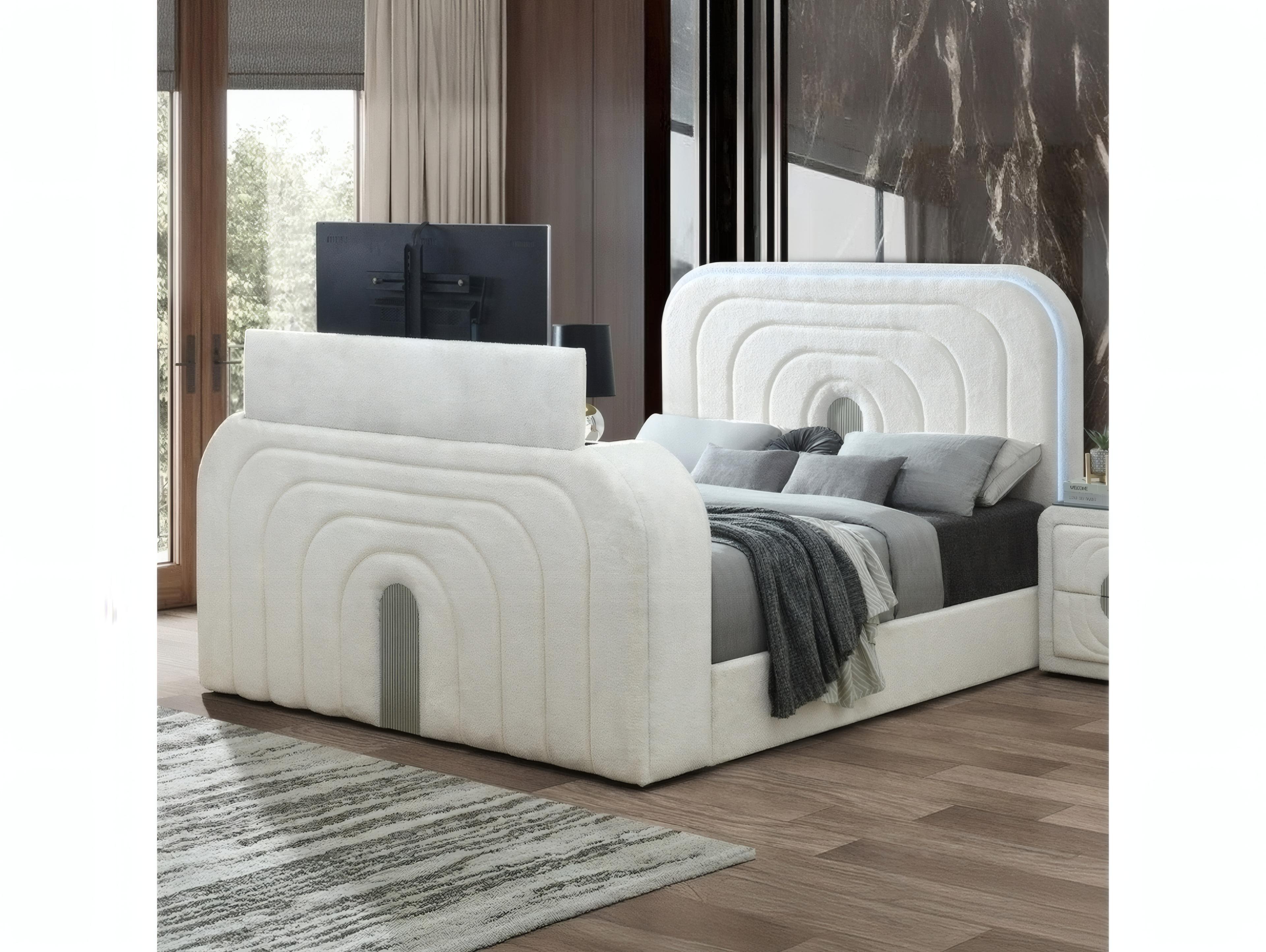 Acme Furniture Shelyn White Teddy Sherpa Chrome Upholstered King Panel Bed