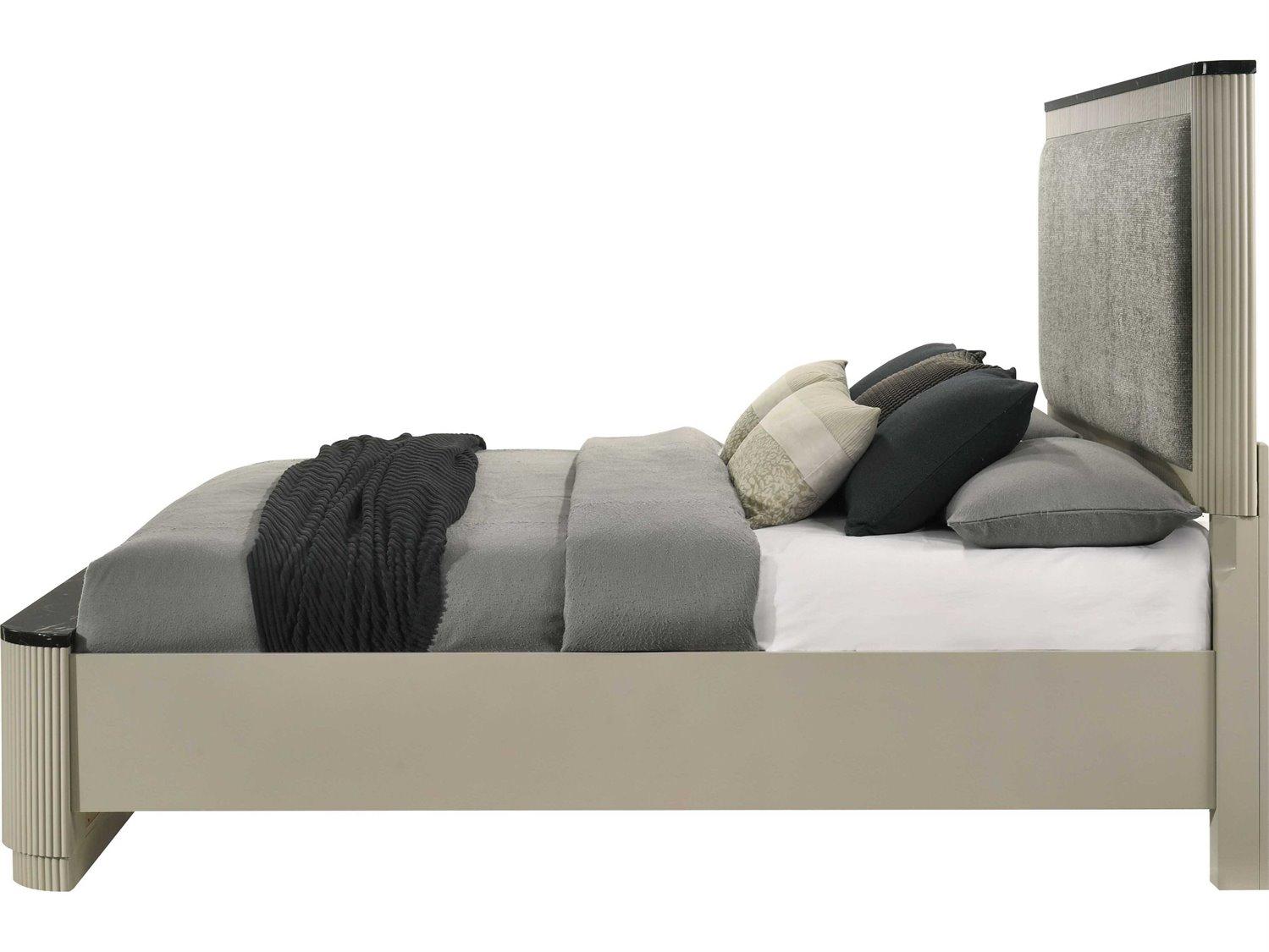 Acme Furniture Travonte Gray Linen Beige Rubberwood Upholstered King Platform Bed