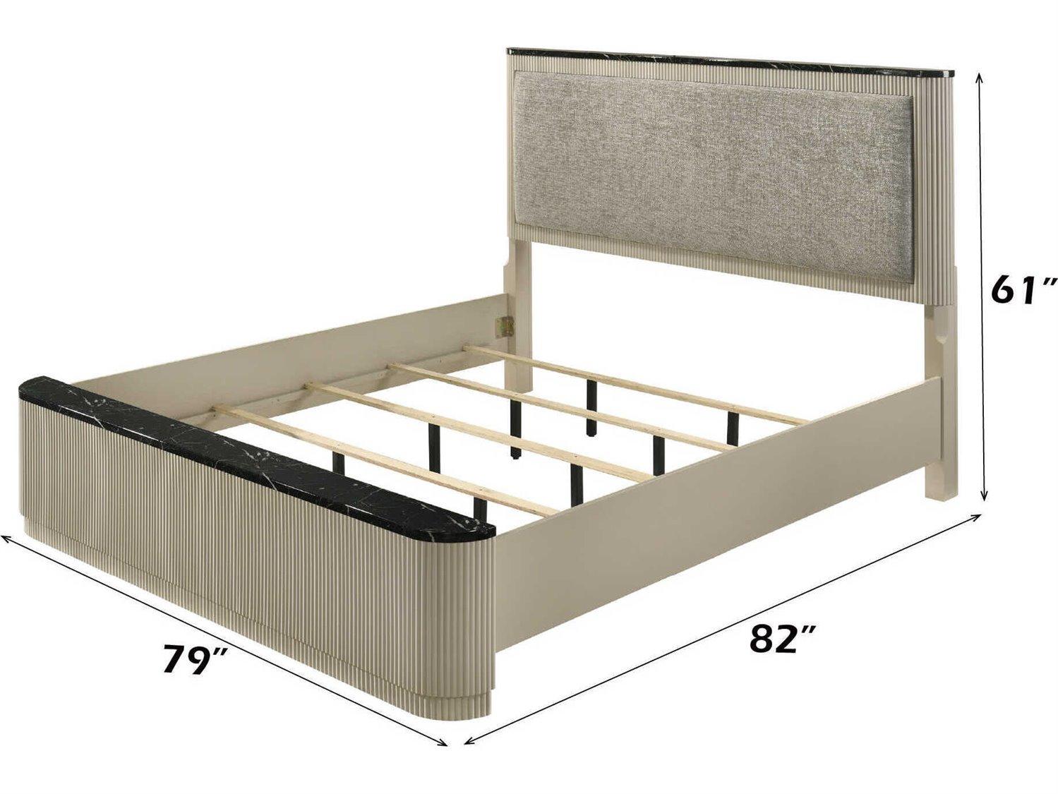 Acme Furniture Travonte Gray Linen Beige Rubberwood Upholstered King Platform Bed