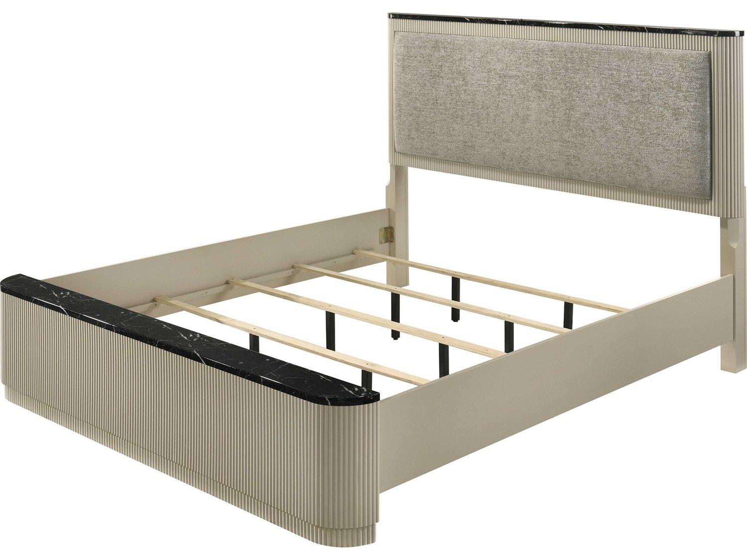 Acme Furniture Travonte Gray Linen Beige Rubberwood Upholstered Queen Platform Bed