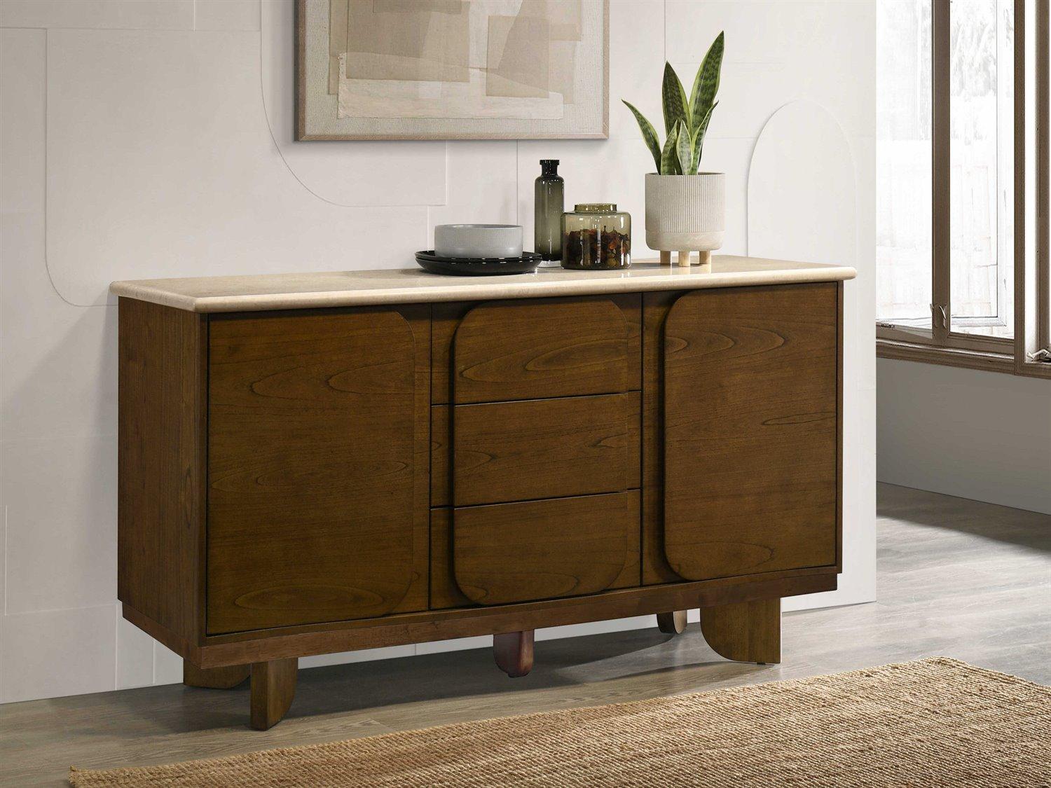 Acme Furniture Kasha Brown Rubberwood Natural Marble Vintage Oak Bar Cabinet