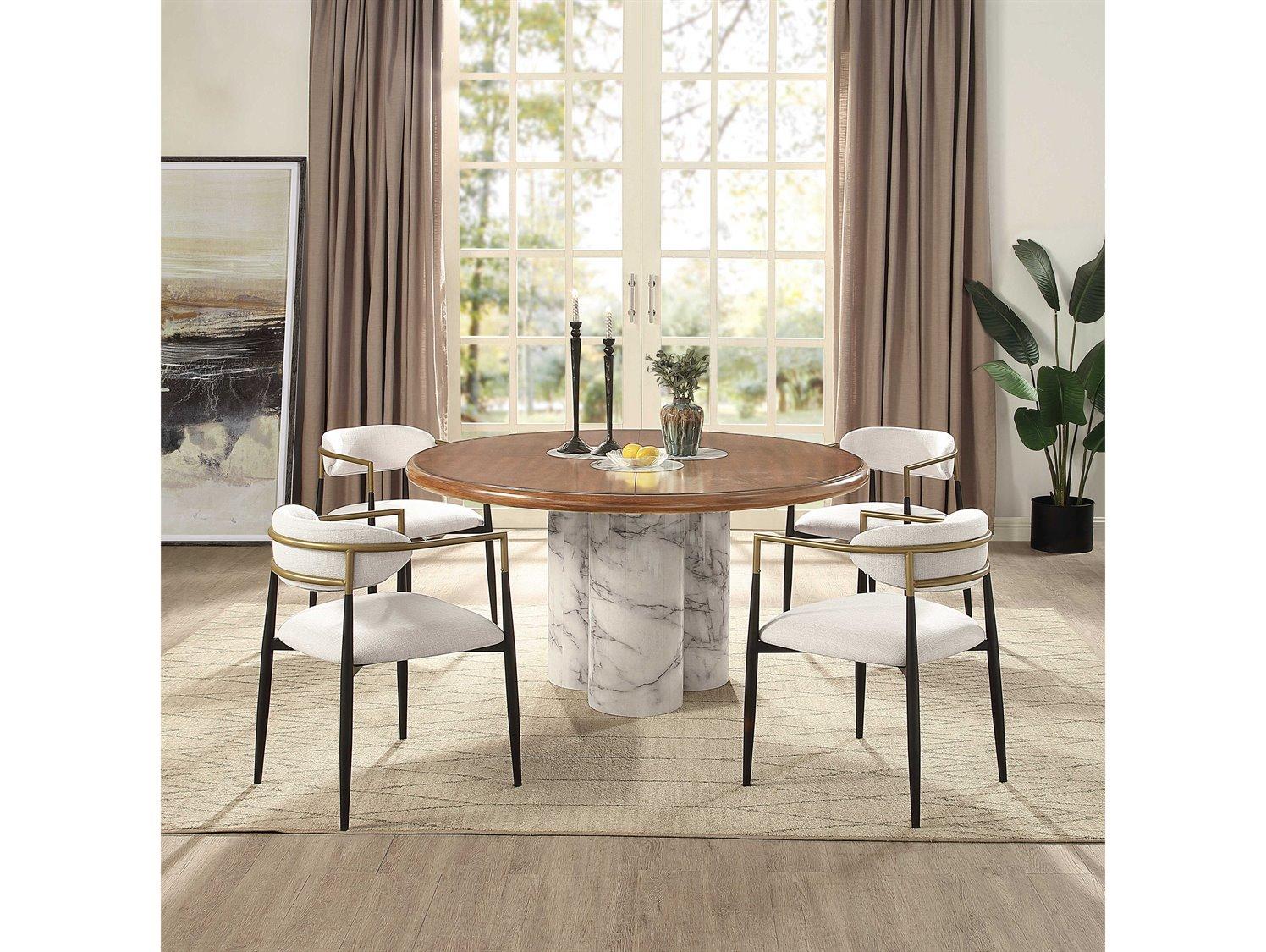 Acme Furniture Harvey Round Wood Engineered Stone Brown Dining Table