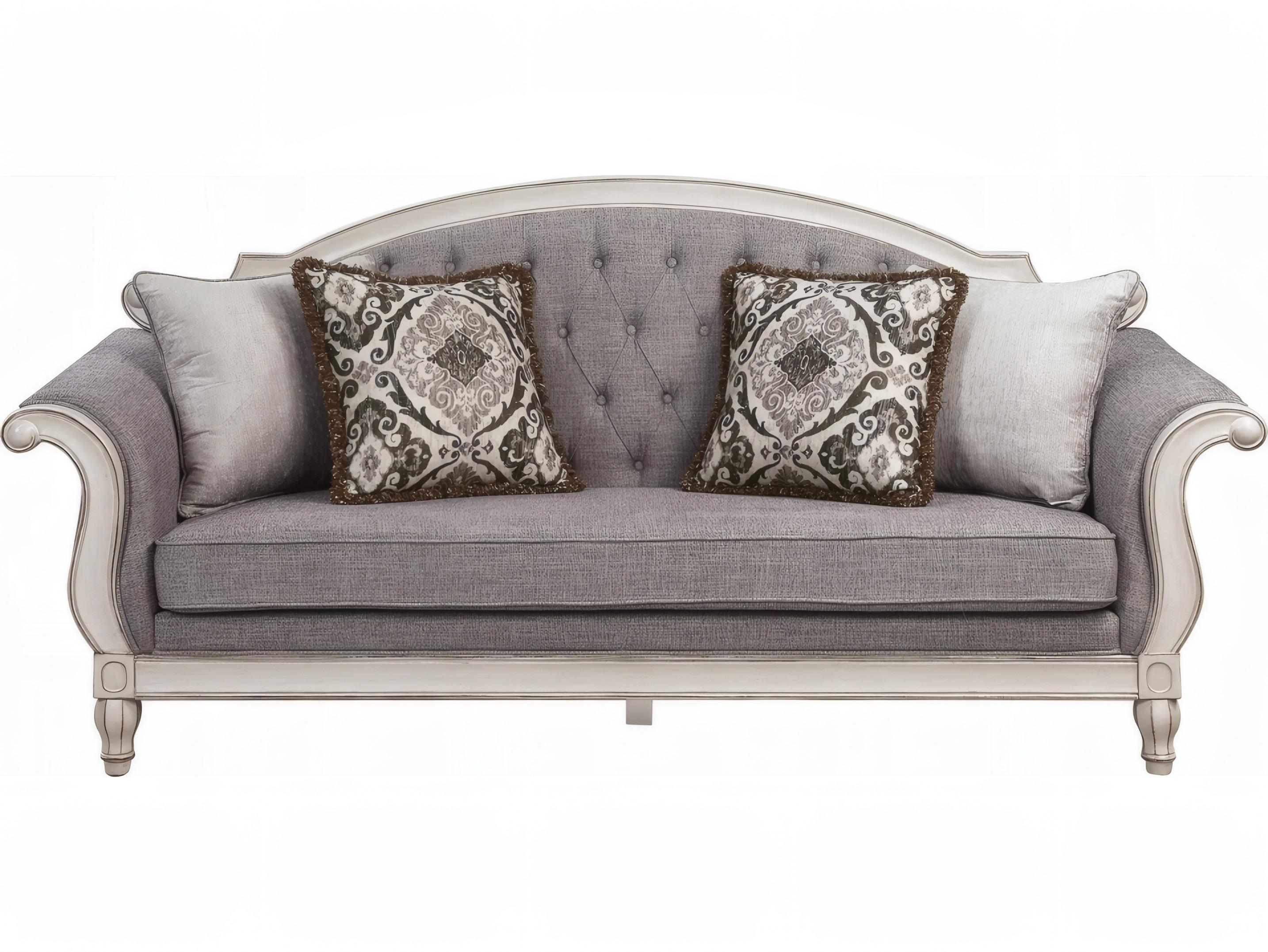 Acme Furniture Florian Gray Fabric Antique White Upholstered Sofa