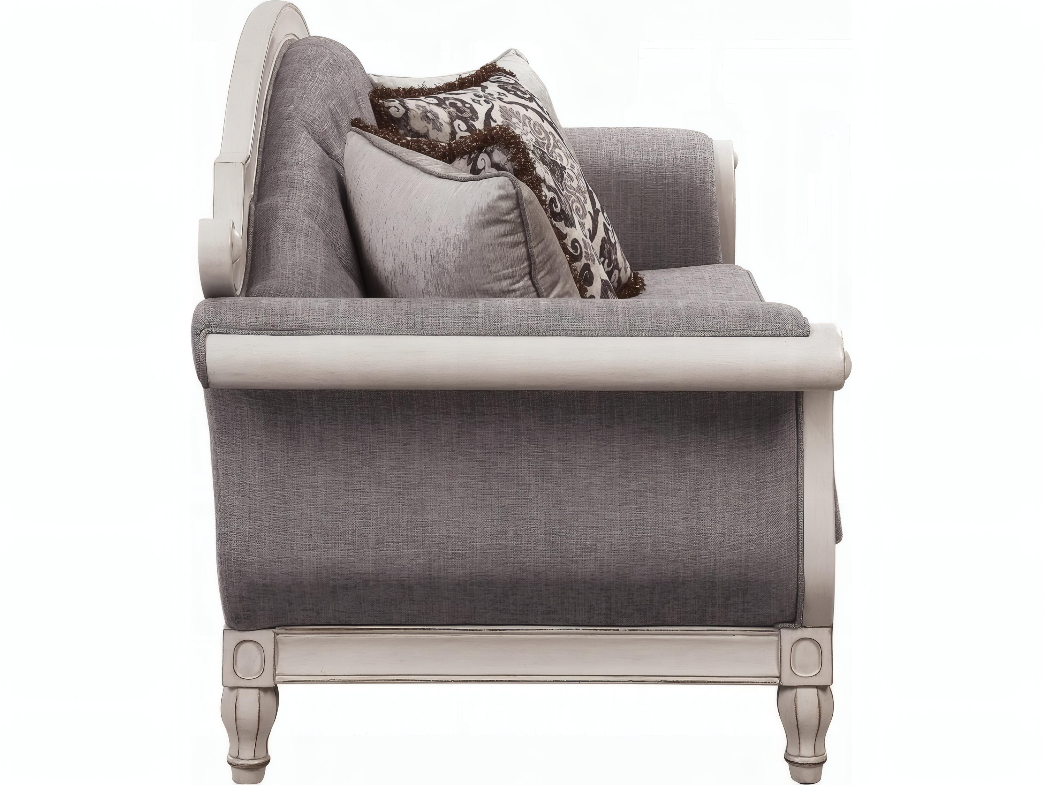 Acme Furniture Florian Gray Fabric Antique White Upholstered Sofa