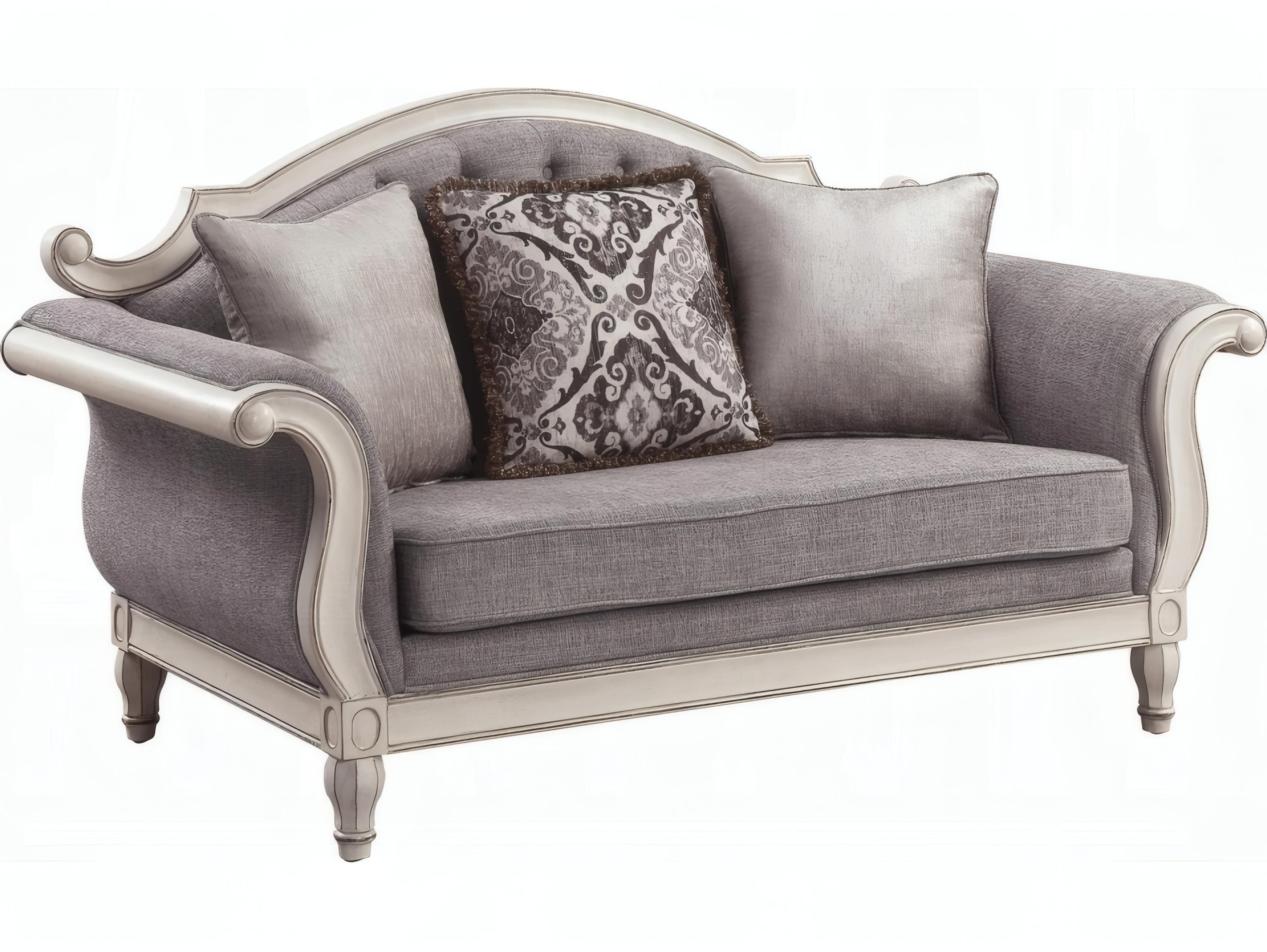 Acme Furniture Florian Gray Fabric Antique White Upholstered Loveseat