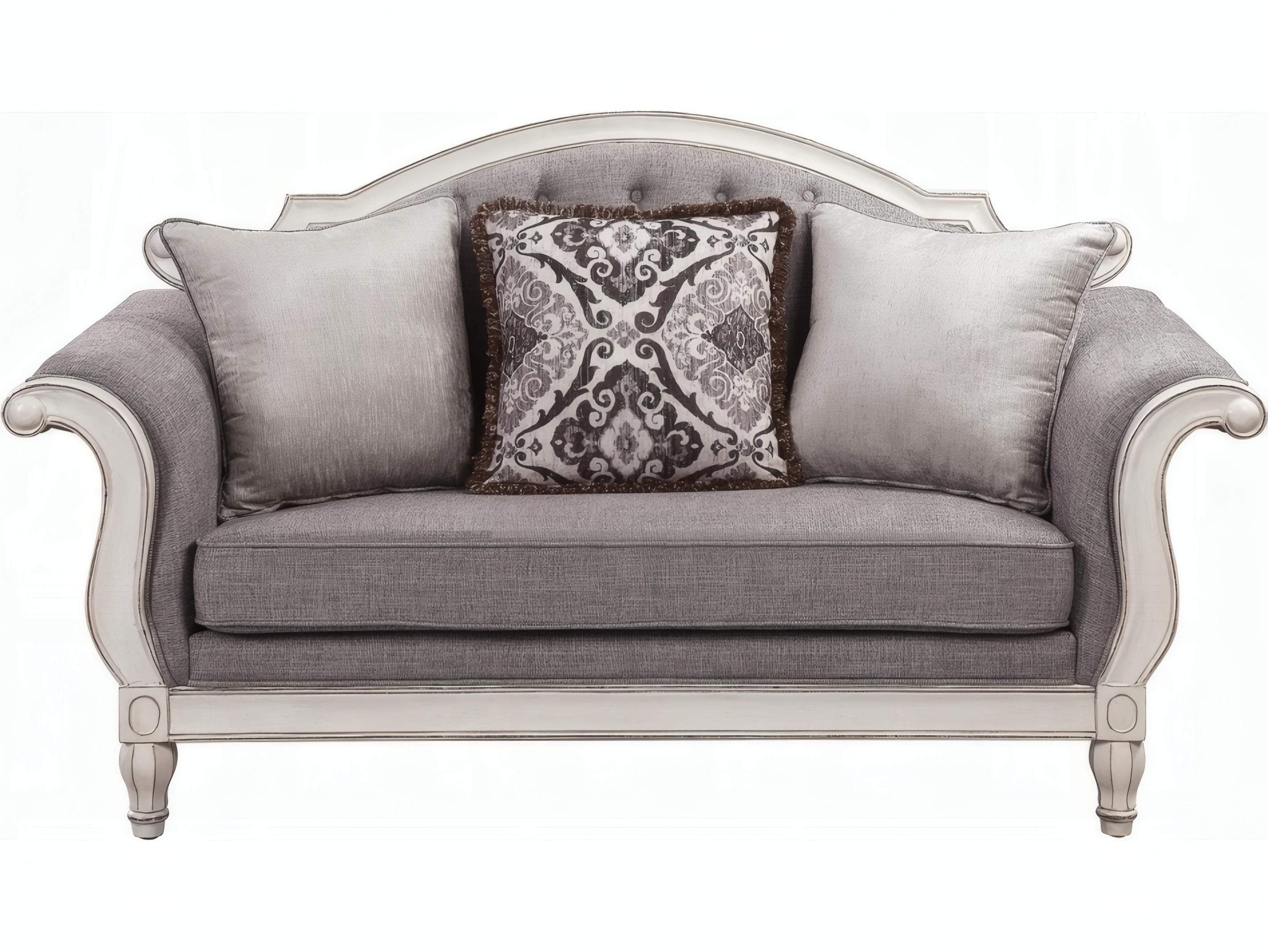 Acme Furniture Florian Gray Fabric Antique White Upholstered Loveseat