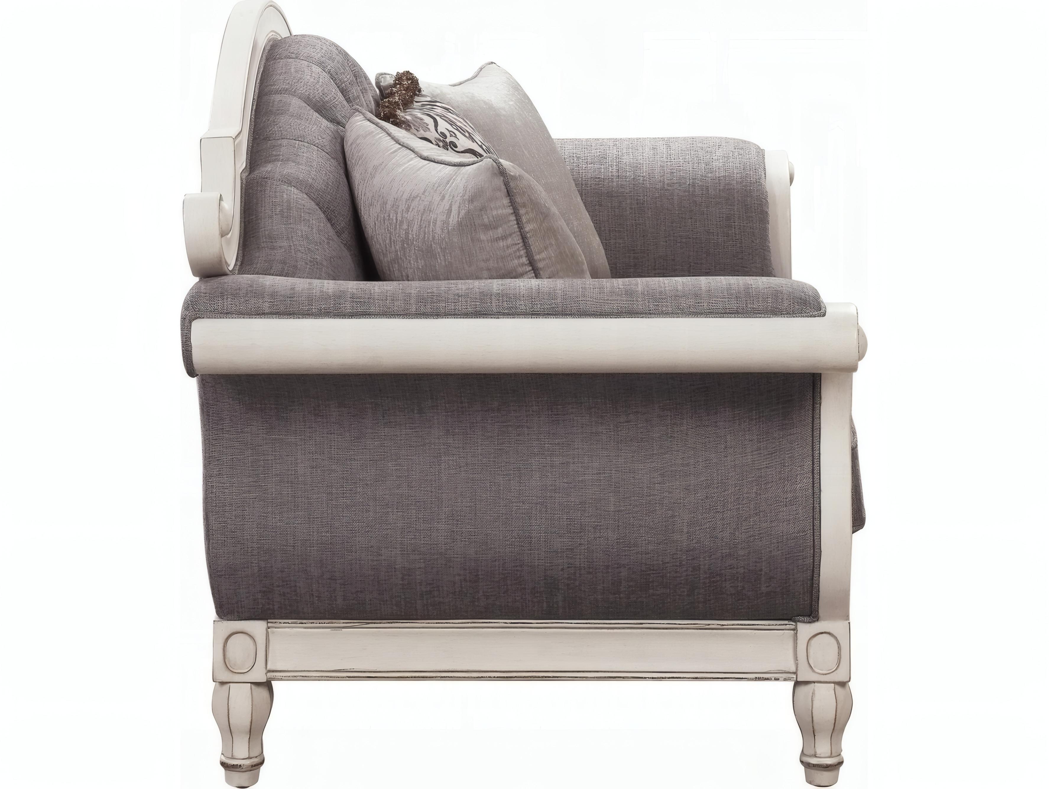 Acme Furniture Florian Gray Fabric Antique White Upholstered Loveseat