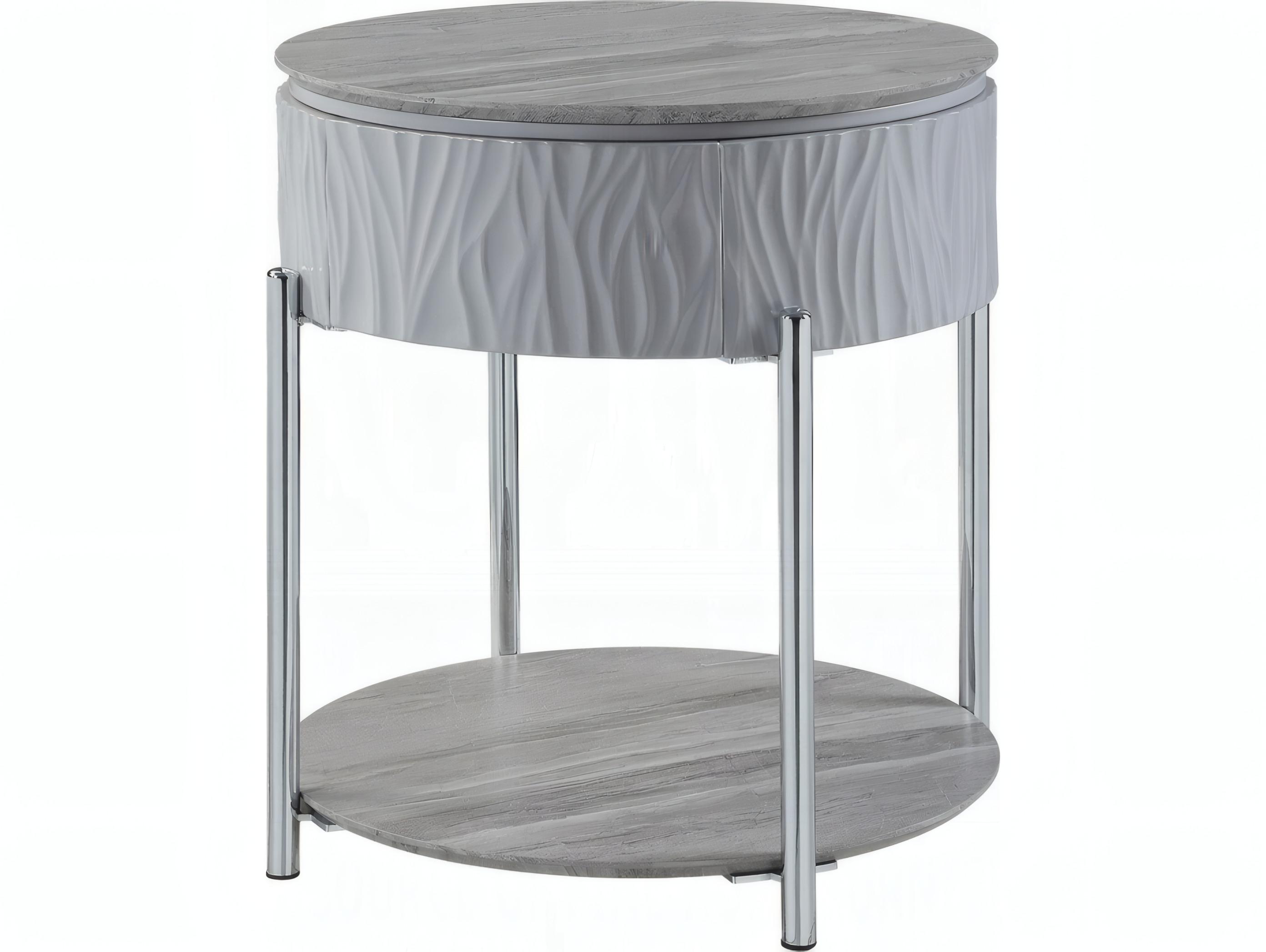Acme Furniture Yukino Round Wood Gray High Gloss Chrome End Table