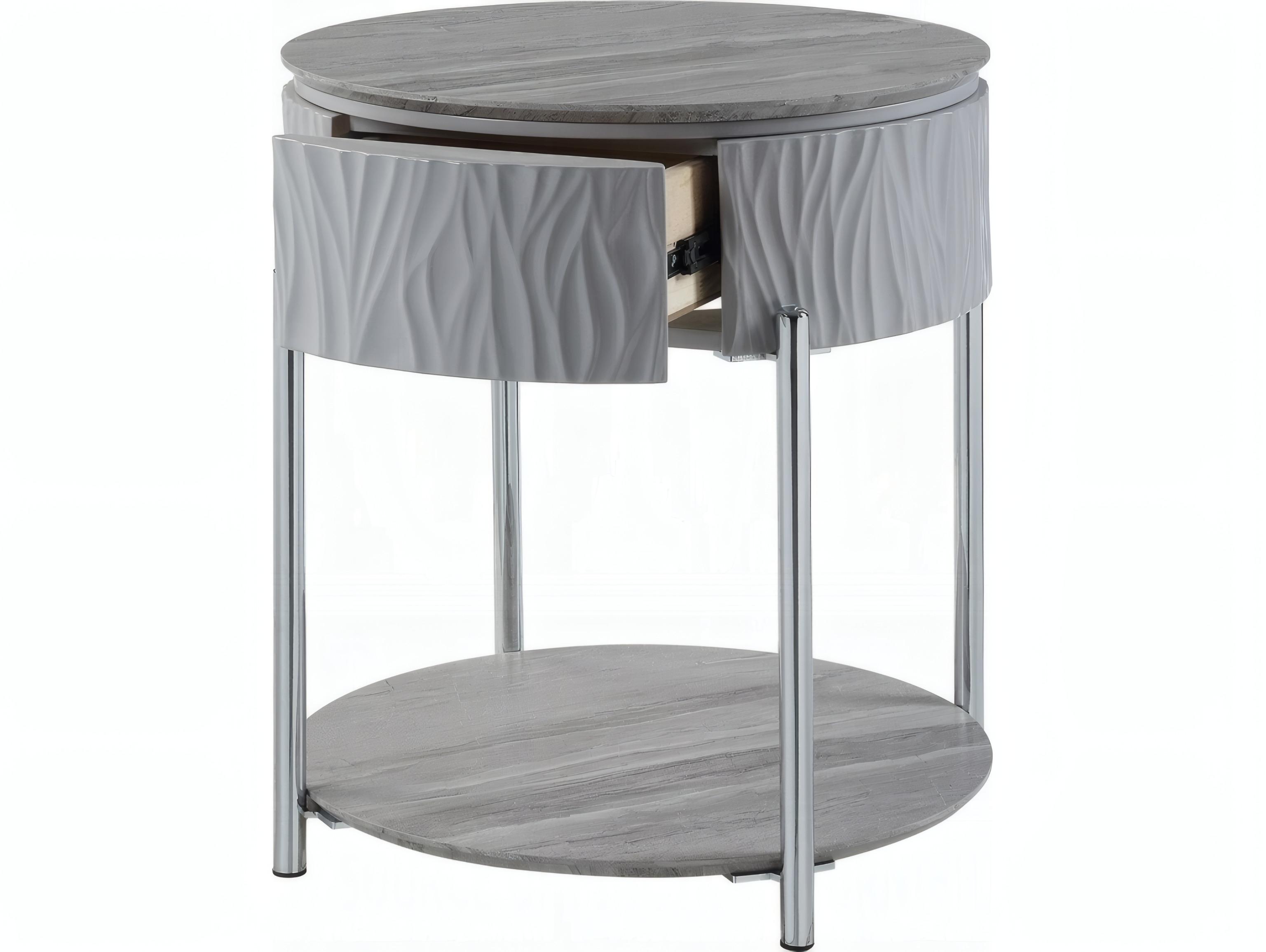 Acme Furniture Yukino Round Wood Gray High Gloss Chrome End Table