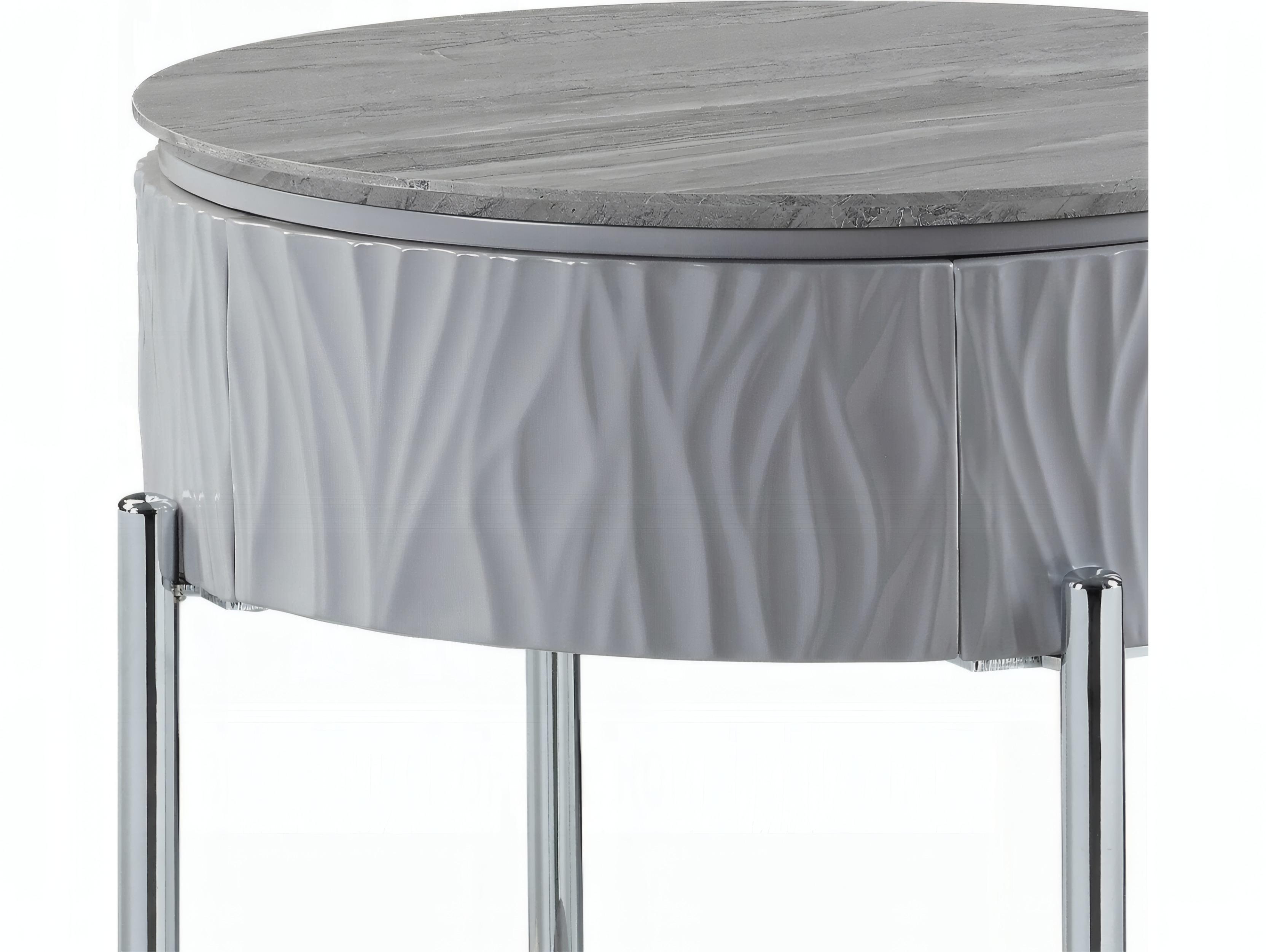 Acme Furniture Yukino Round Wood Gray High Gloss Chrome End Table