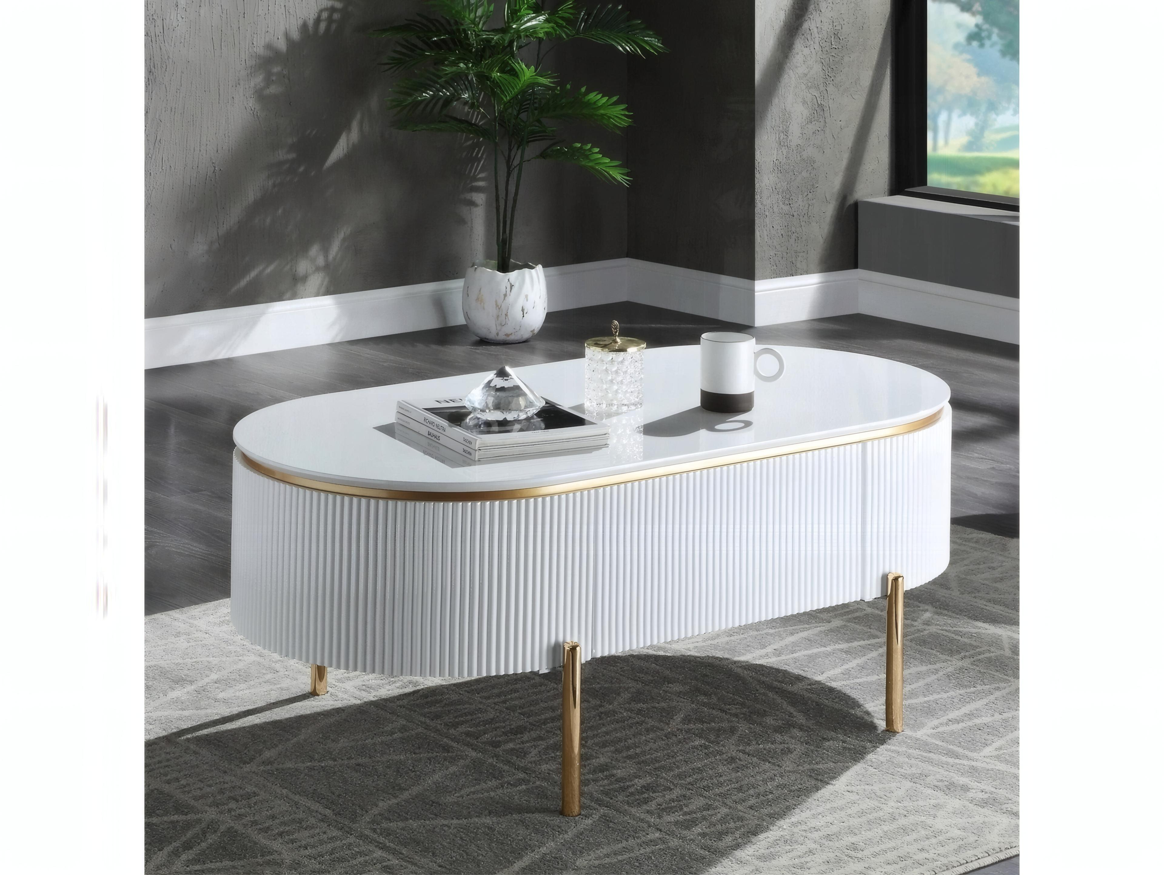 Acme Furniture Daveigh Oval Wood White High Gloss Gold Coffee Table