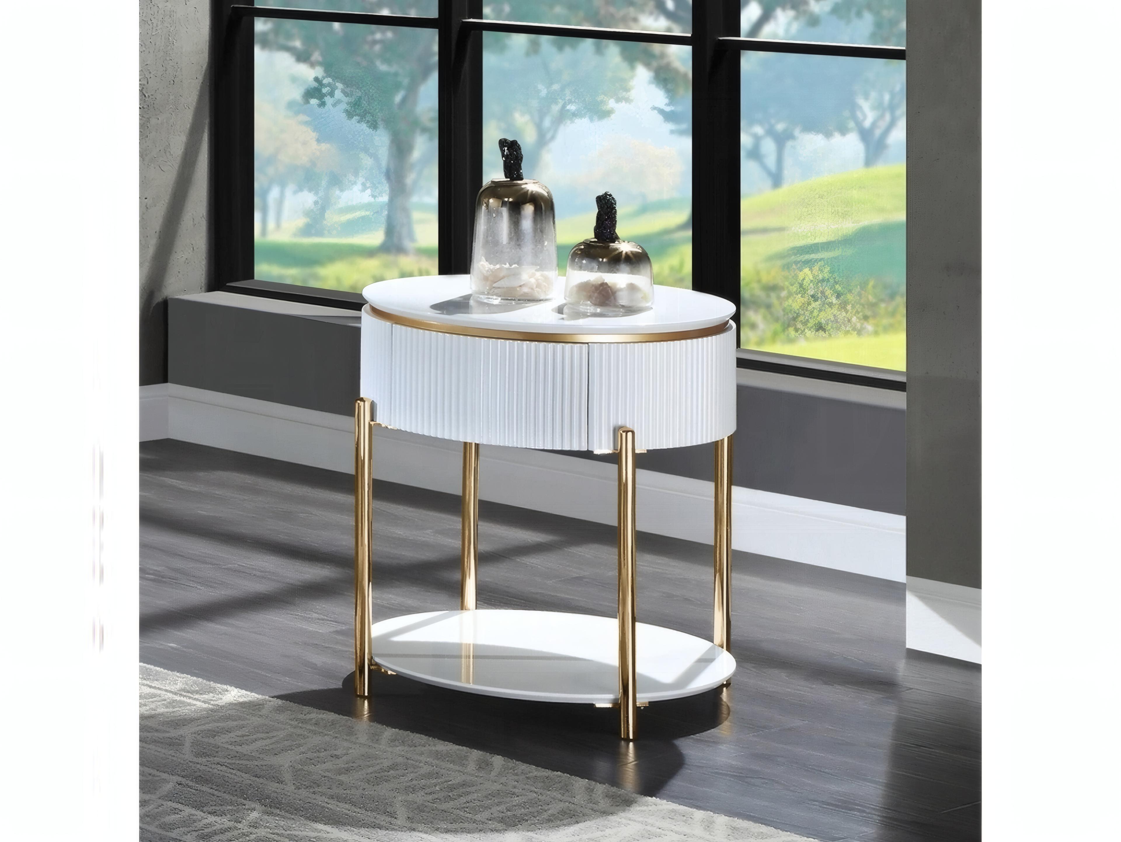 Acme Furniture Daveigh Round Wood White High Gloss Gold End Table