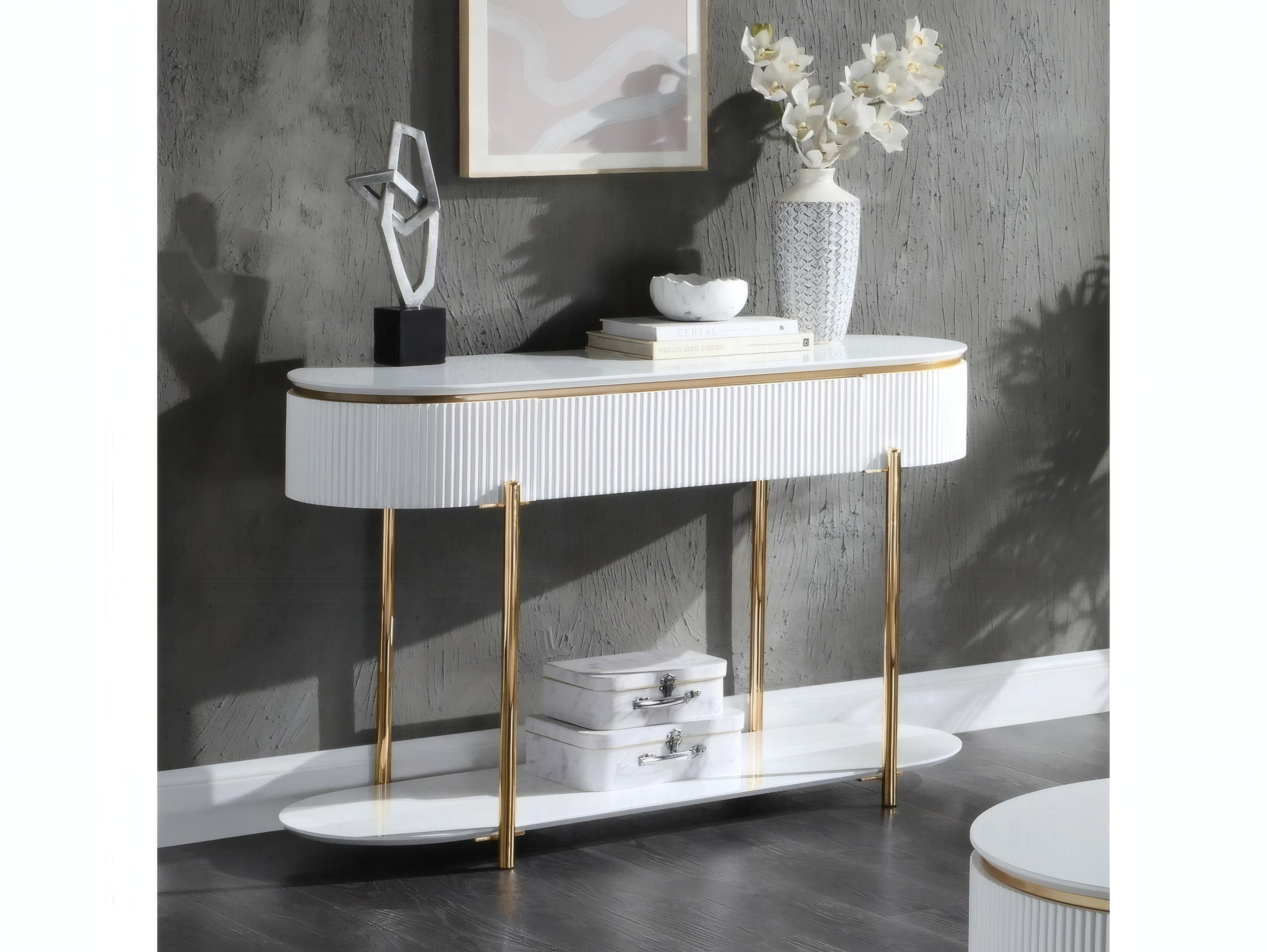 Acme Furniture Daveigh Oval Wood White High Gloss Gold Console Table