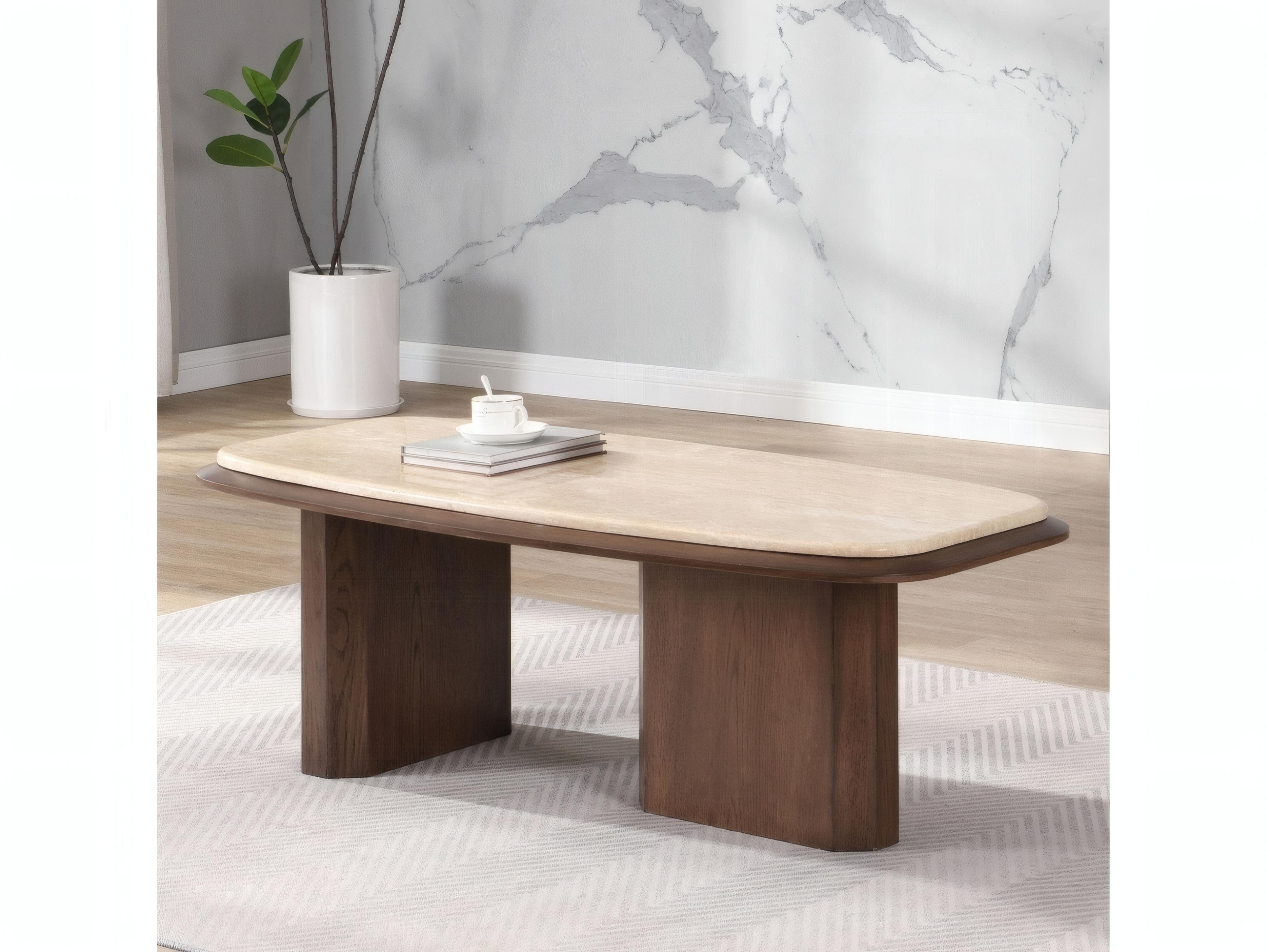 Acme Furniture Kasha Rectangular Stone Travertine Top Walnut Coffee Table