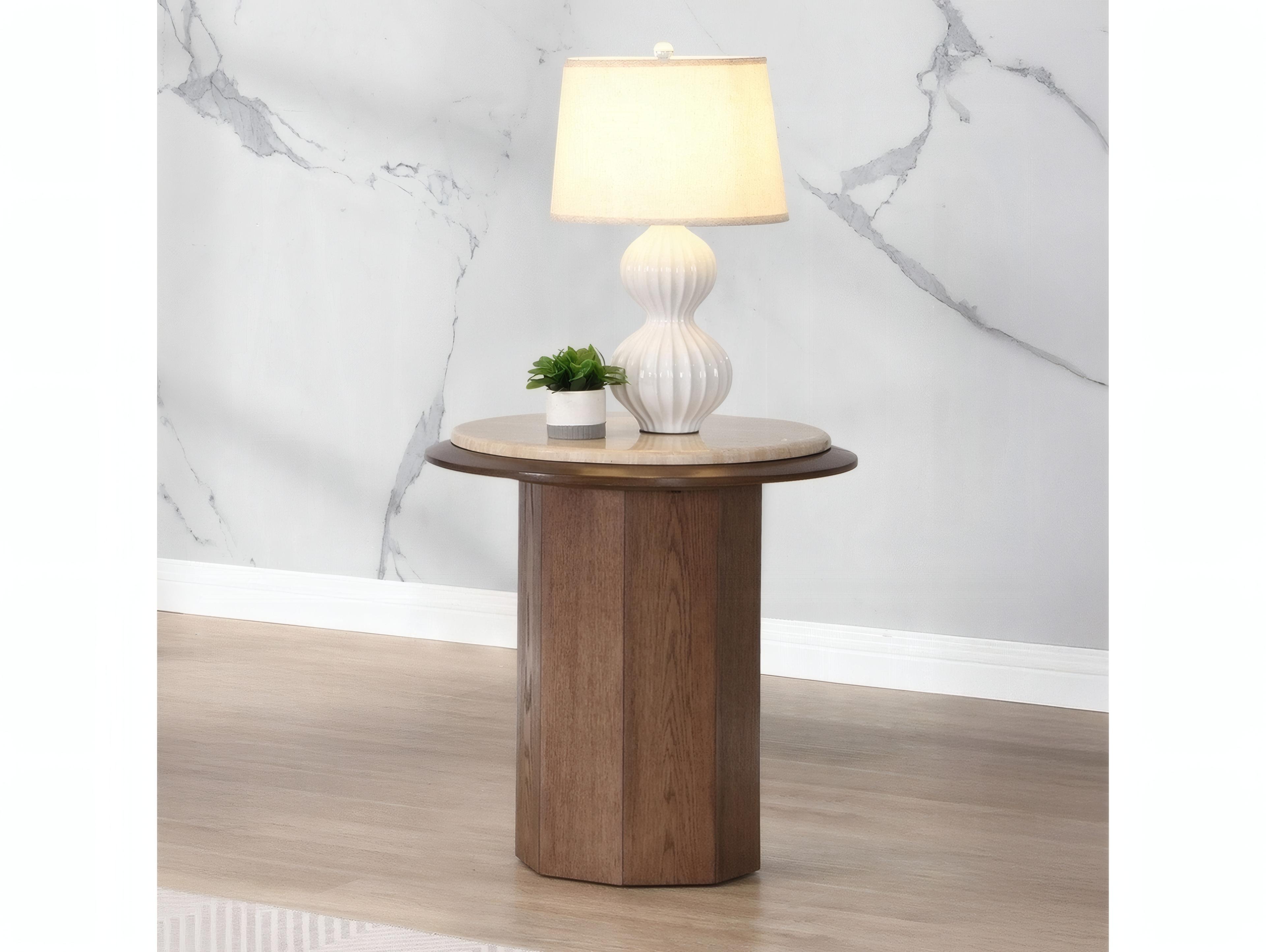 Acme Furniture Kasha Round Stone Travertine Top Walnut End Table