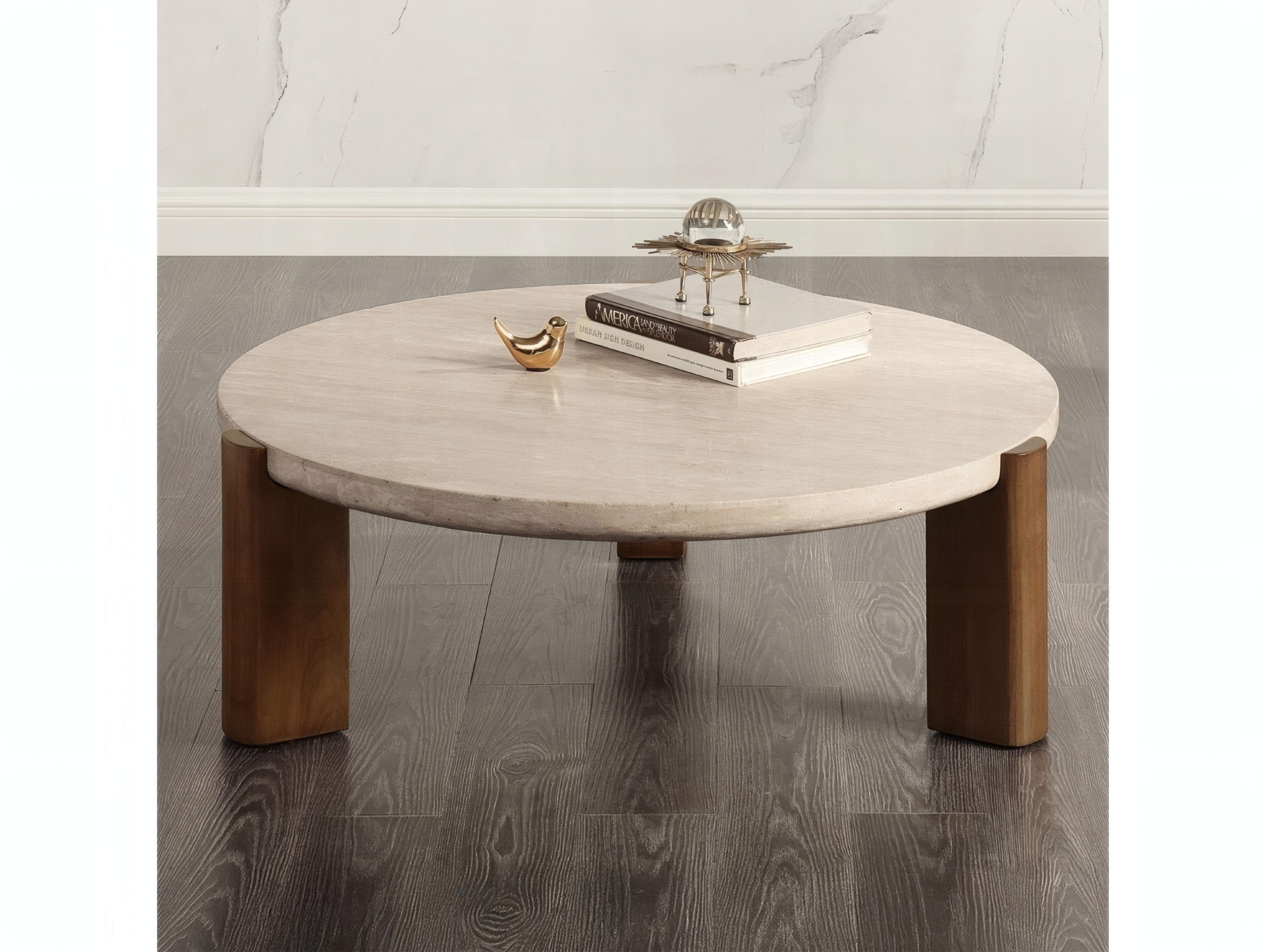 Acme Furniture Leonardo Round Stone Travertine Top Dark Oak Coffee Table
