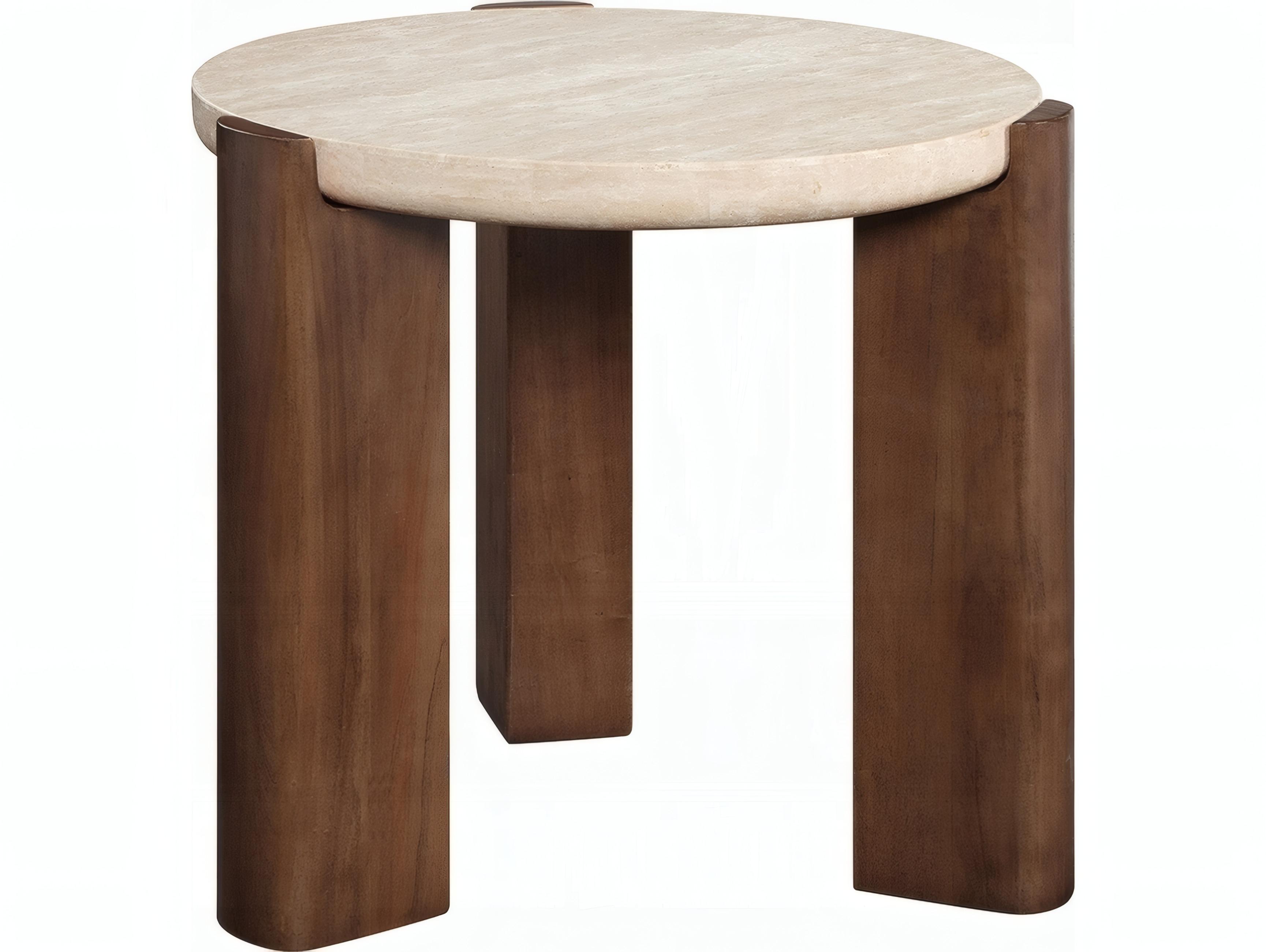 Acme Furniture Leonardo Round Stone Travertine Top Dark Oak End Table