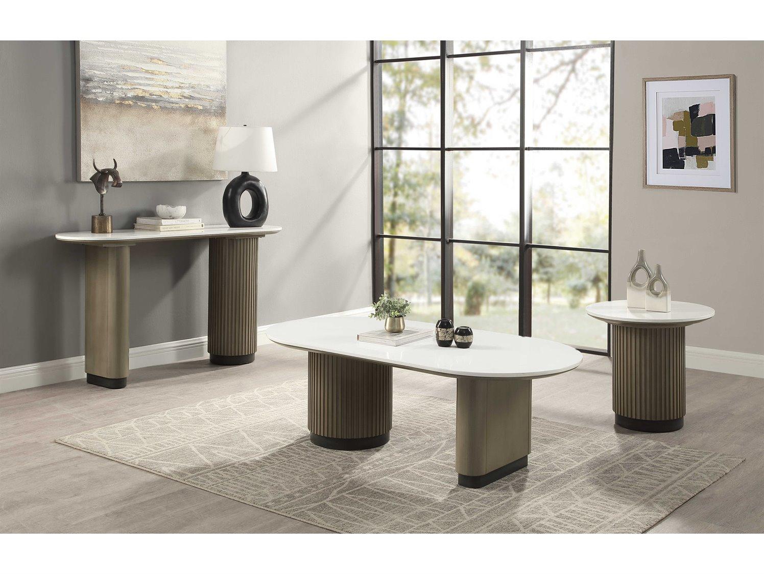 Acme Furniture Clayten Oval Faux Marble Engineering Top Light Oak Console Table