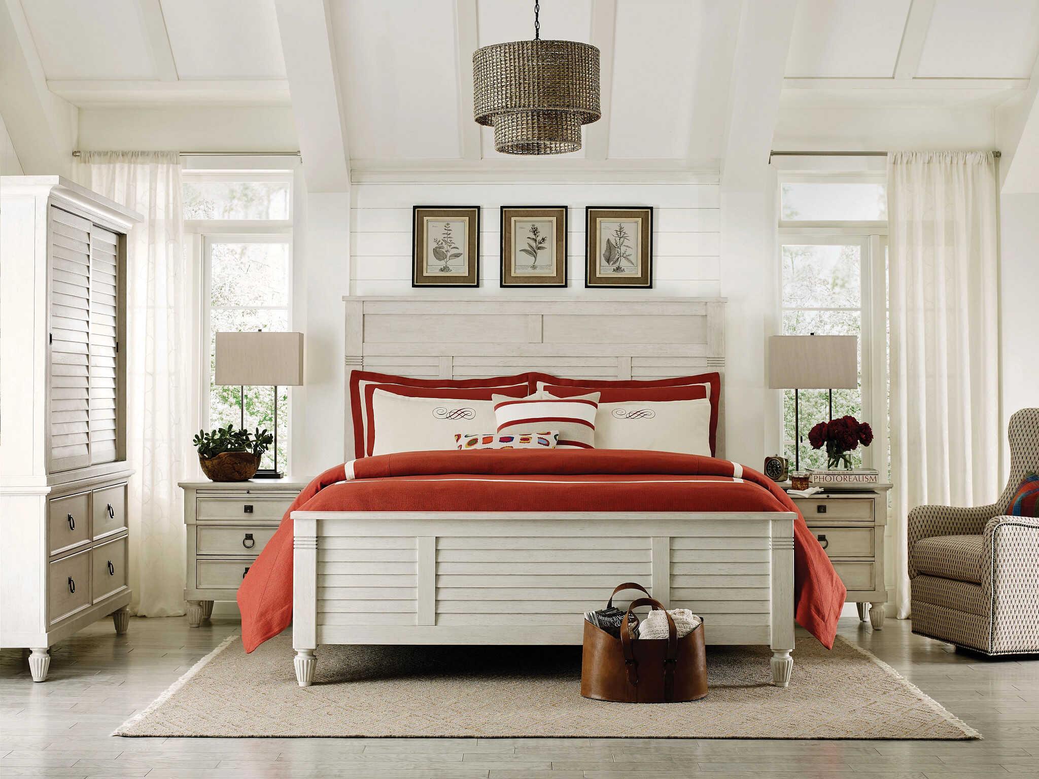 American Drew Grand Bay Acadia Egret White Hardwood Wood California King Panel Bed