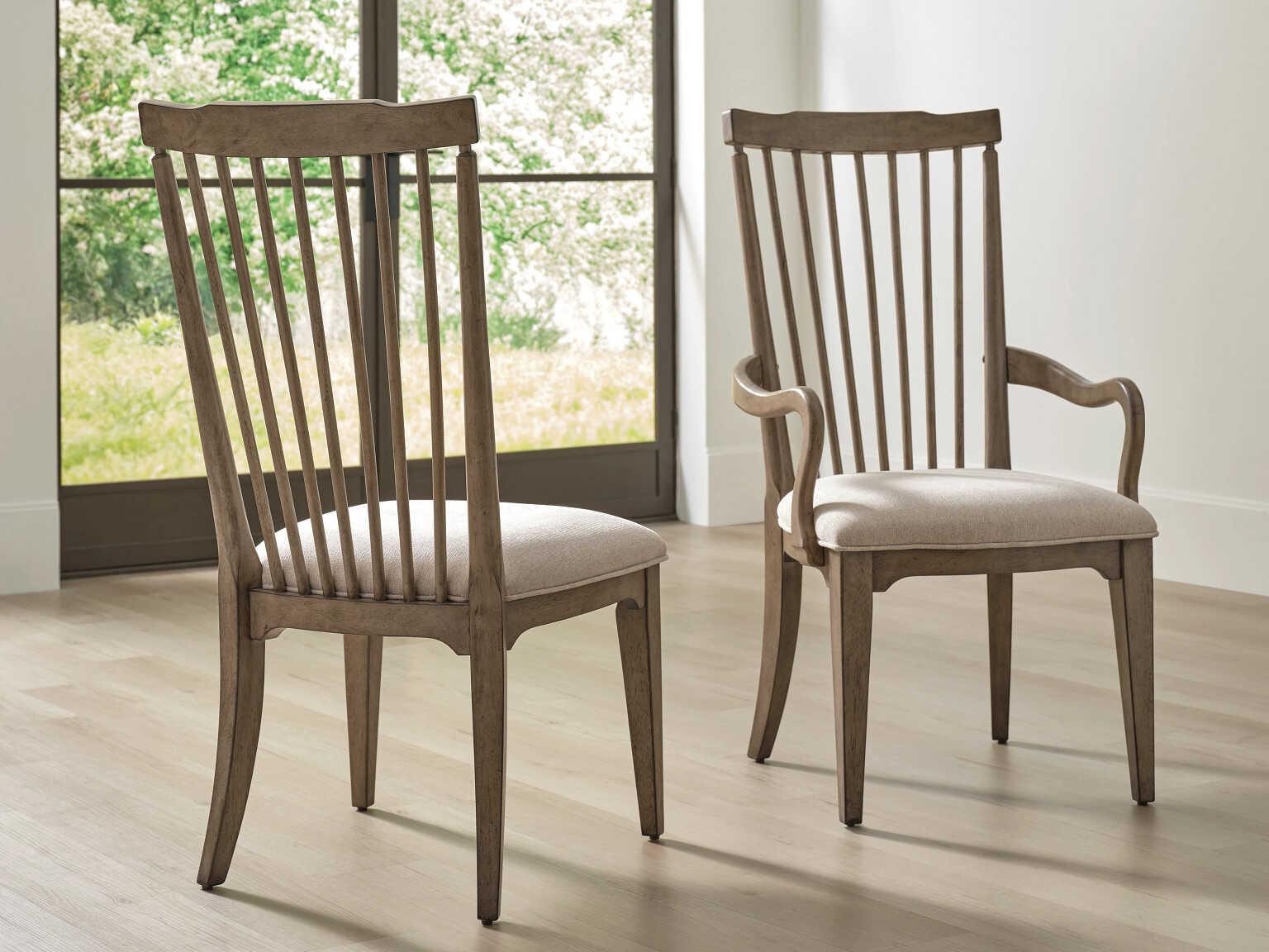 American Drew Carmine Vincent Oak Wood Brown Upholstered Arm Dining Chair