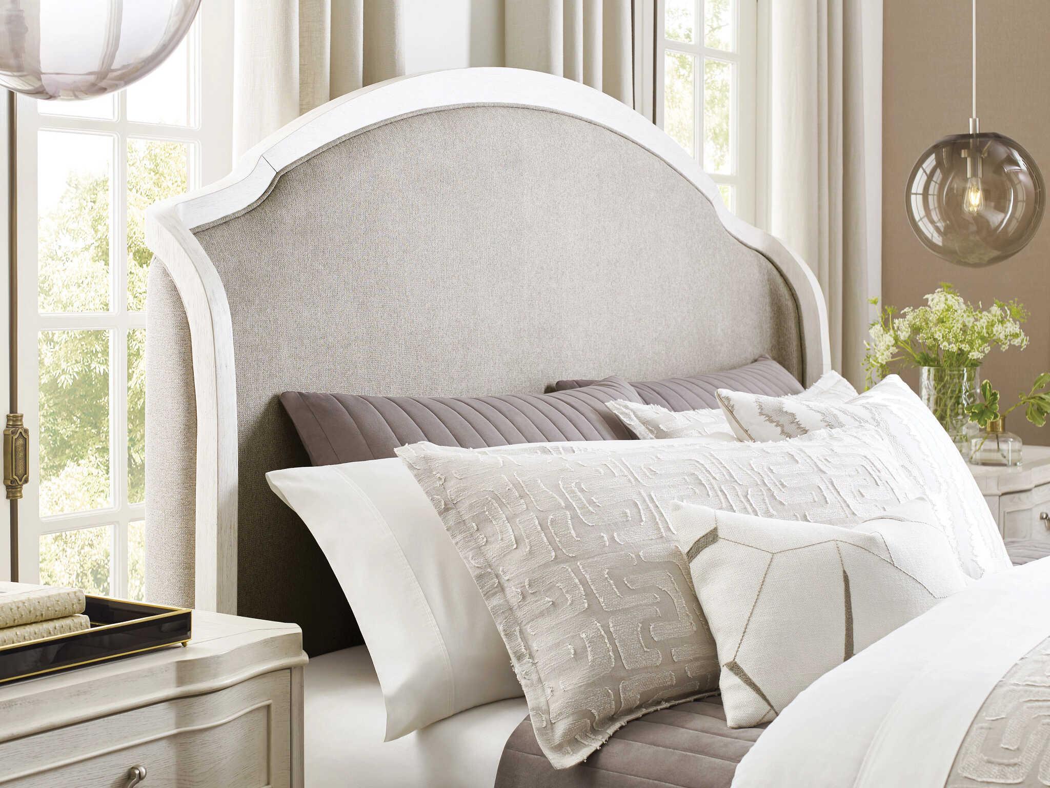 American Drew Harmony Carlyn Eggshell Gray Oak Wood Upholstered King Panel Bed