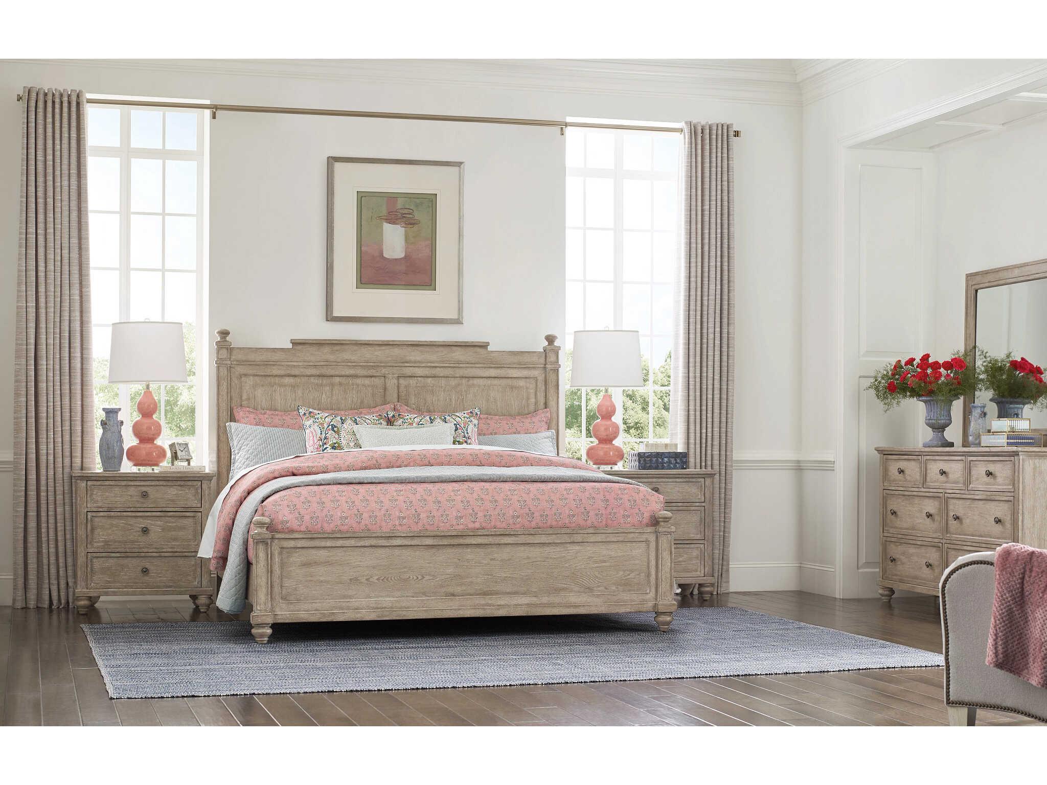 American Drew Cambric Sova Breve Beige Oak Wood King Panel Bed