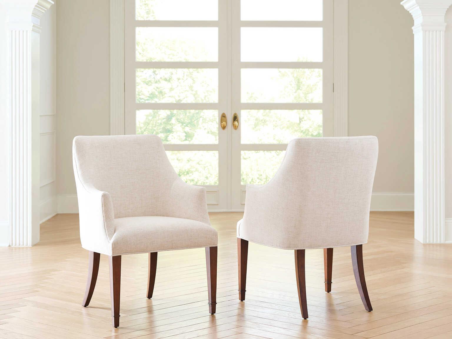 American Drew Addison Noell Solid Wood Beige Upholstered Arm Dining Chair