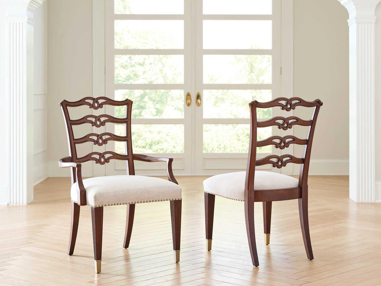 American Drew Addison Bartley Solid Wood Beige Upholstered Arm Dining Chair