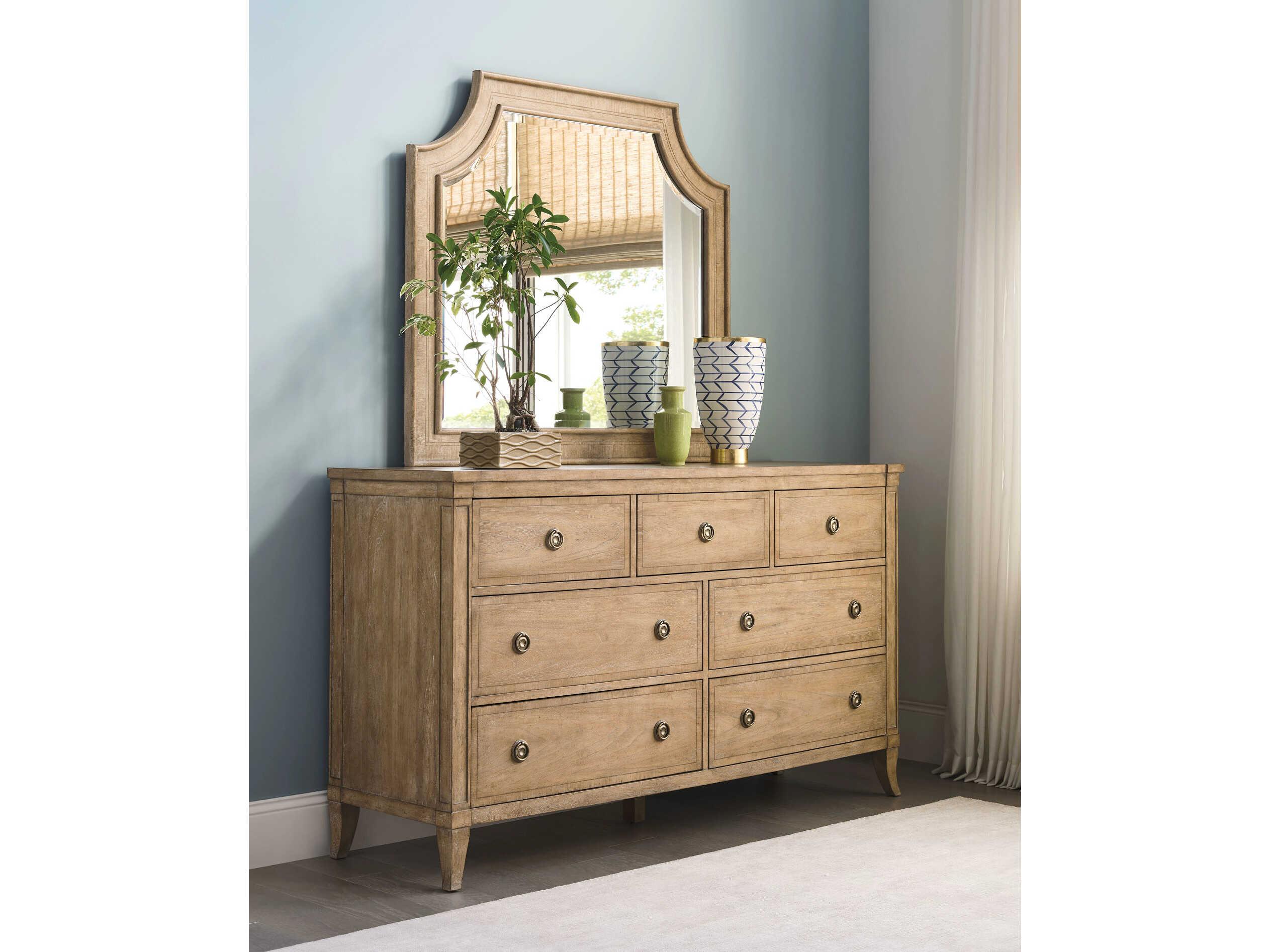 American Drew Chastain 7-Drawers Brown Solid Wood Double Dresser with Mirror