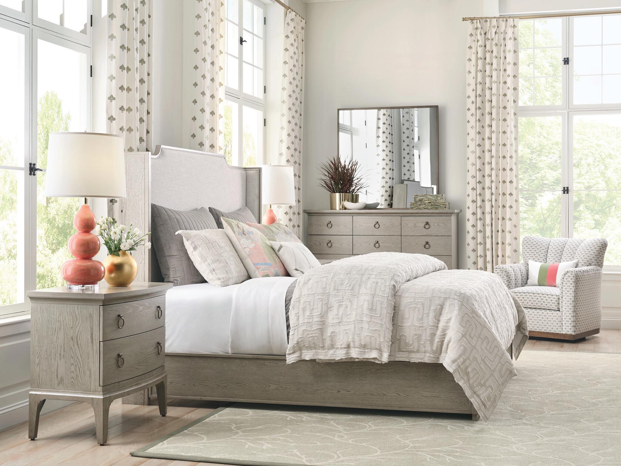 American Drew Milan Oak Wood Upholstered Queen Panel Bed