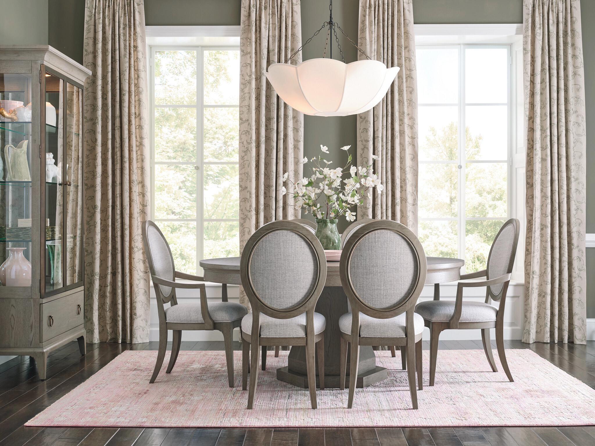 American Drew Milan Oak Wood Upholstered Arm Dining Chair