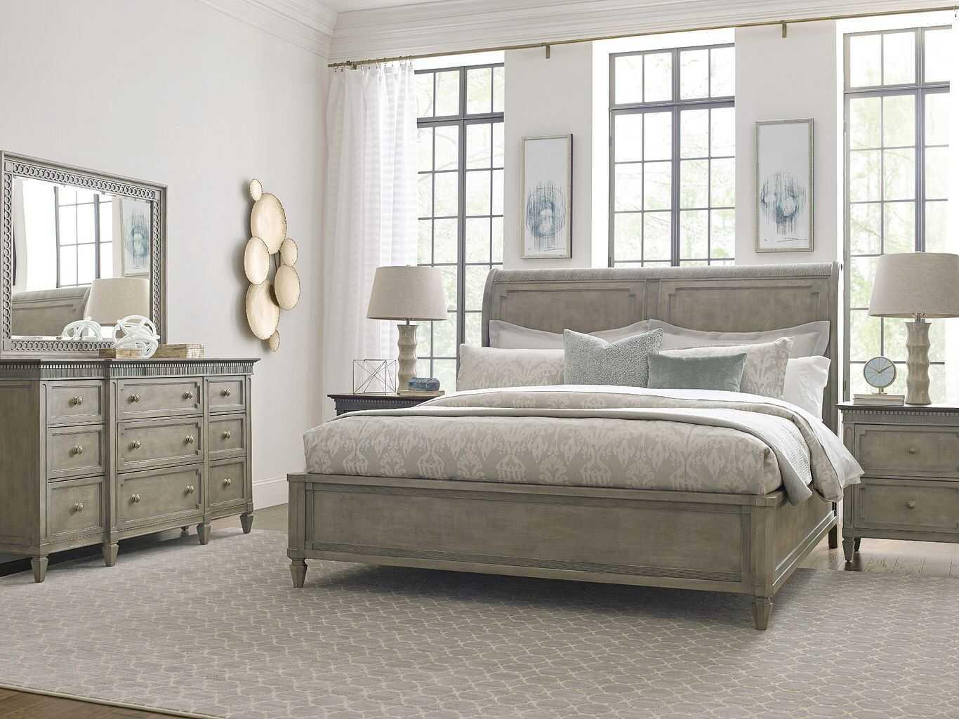American Drew Savona Anna Versaille Gray Elm Wood Queen Sleigh Bed