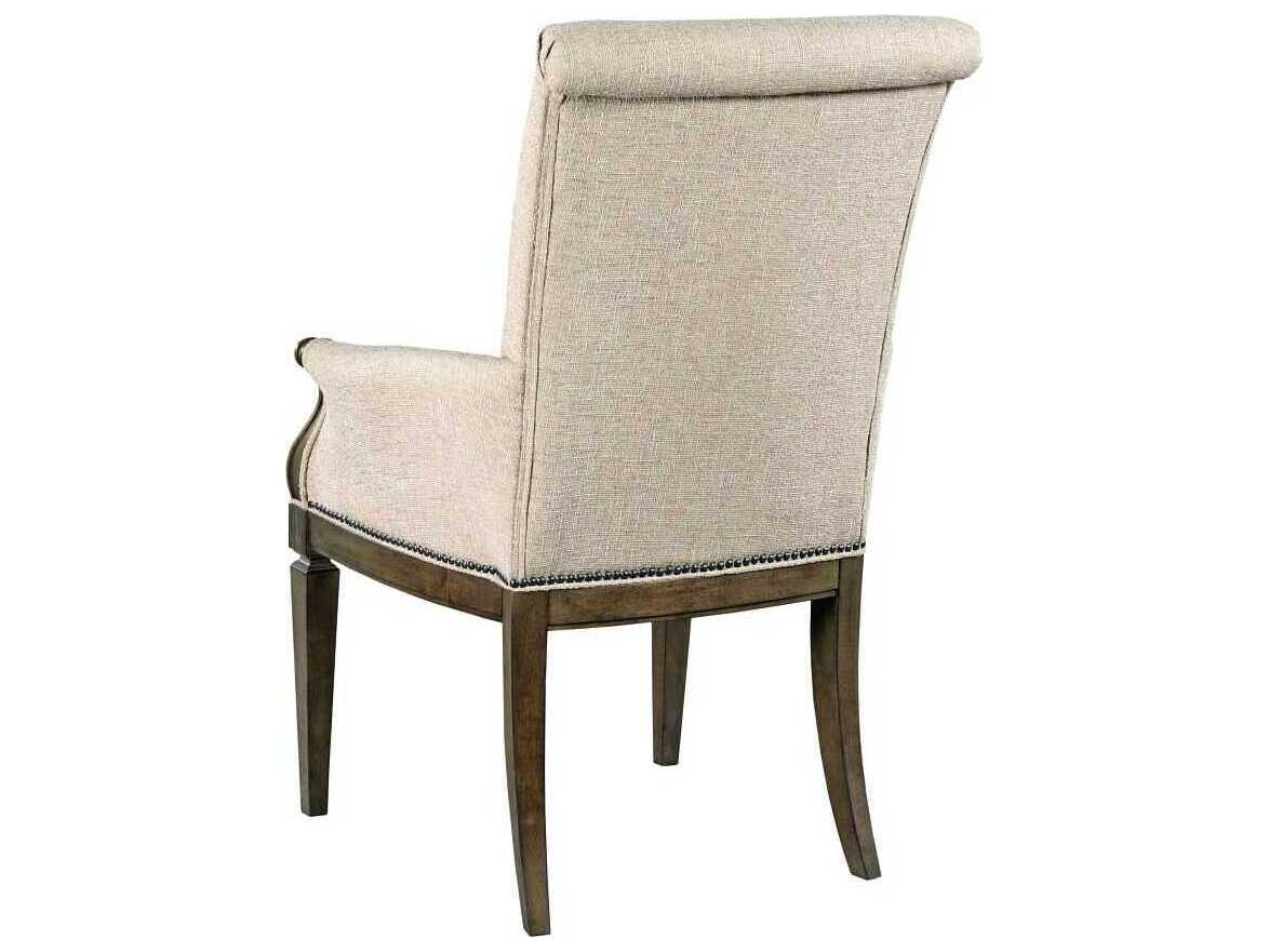 American Drew Savona Camille Elm Wood Beige Upholstered Arm Dining Chair