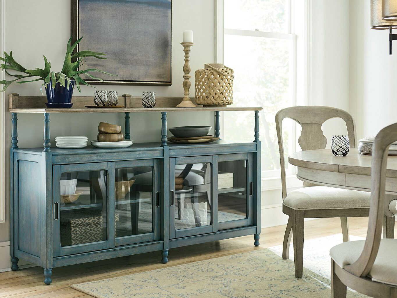 American Drew Litchfield 68" Hardwood Driftwood Blue Denim Credenza Sideboard
