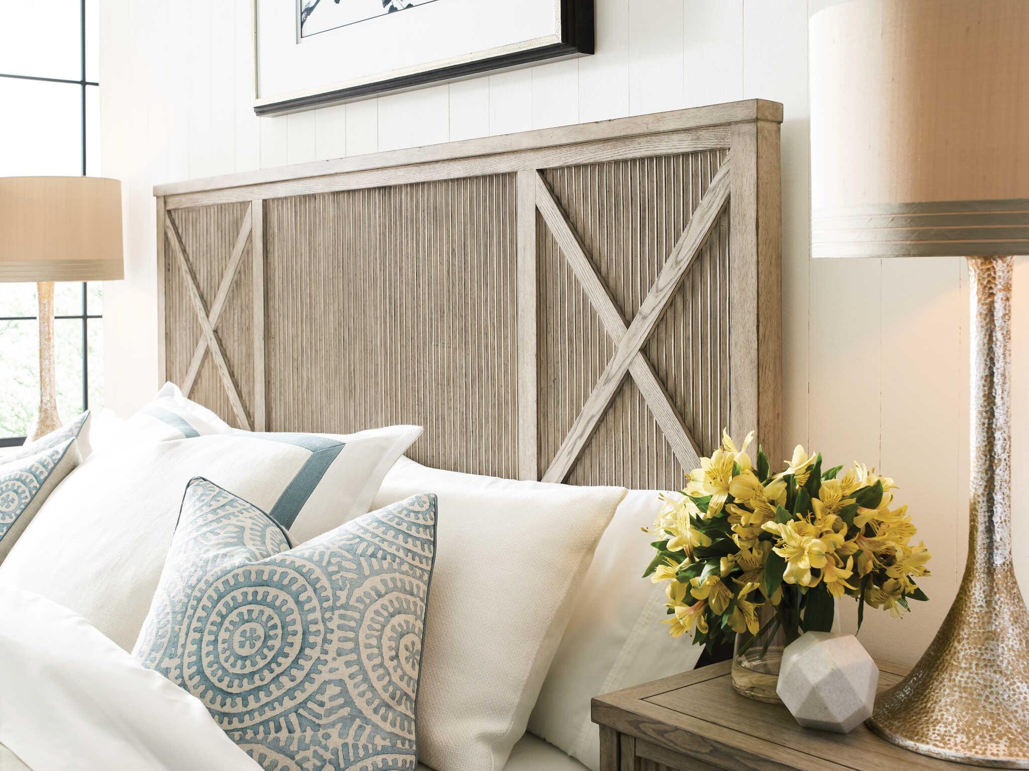 American Drew West Fork Canton Aged Taupe Brown Elm Wood King Panel Bed