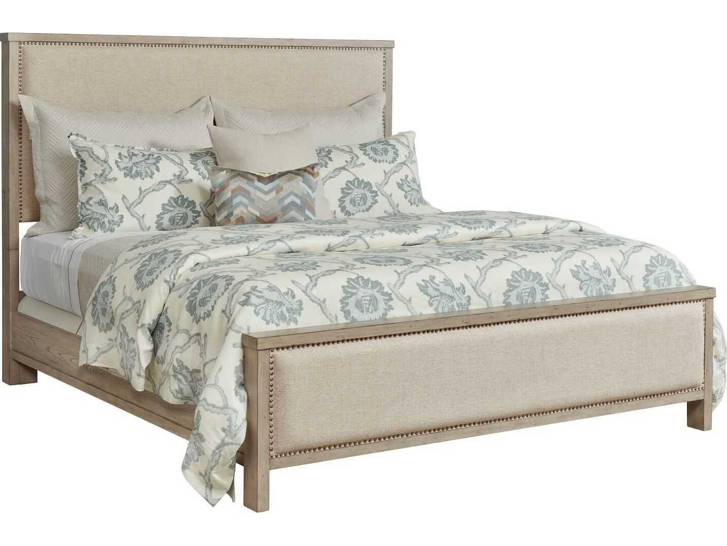 American Drew West Fork Jacksonville Aged Taupe Brown Elm Wood Upholstered King Panel Bed