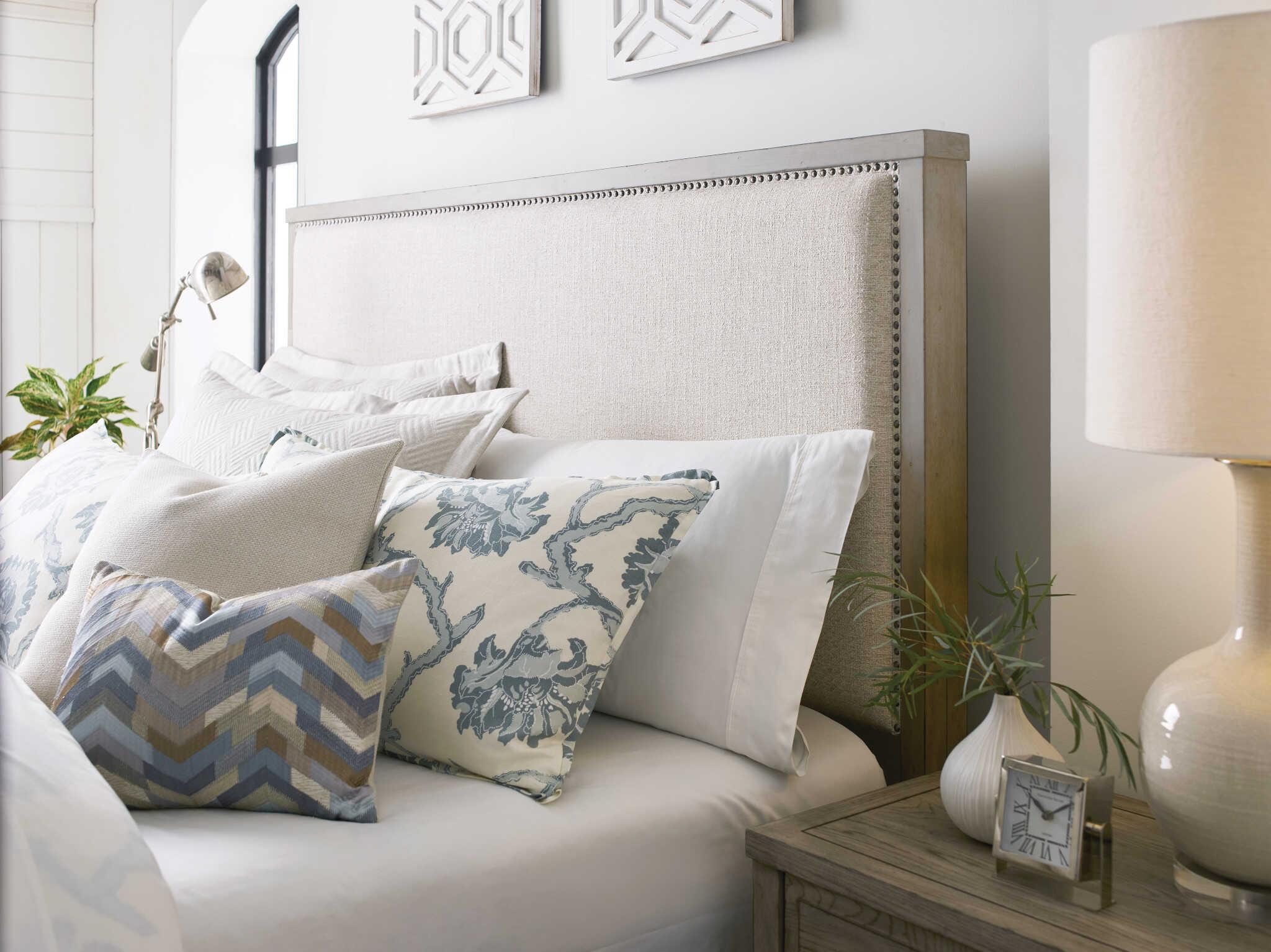 American Drew West Fork Jacksonville Aged Taupe Brown Elm Wood Upholstered California King Panel Bed