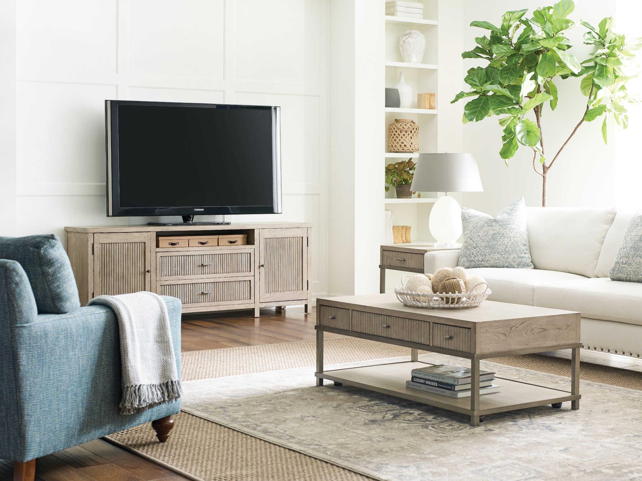 American Drew West Fork Merit 80" Elm Wood Aged Taupe Media Console