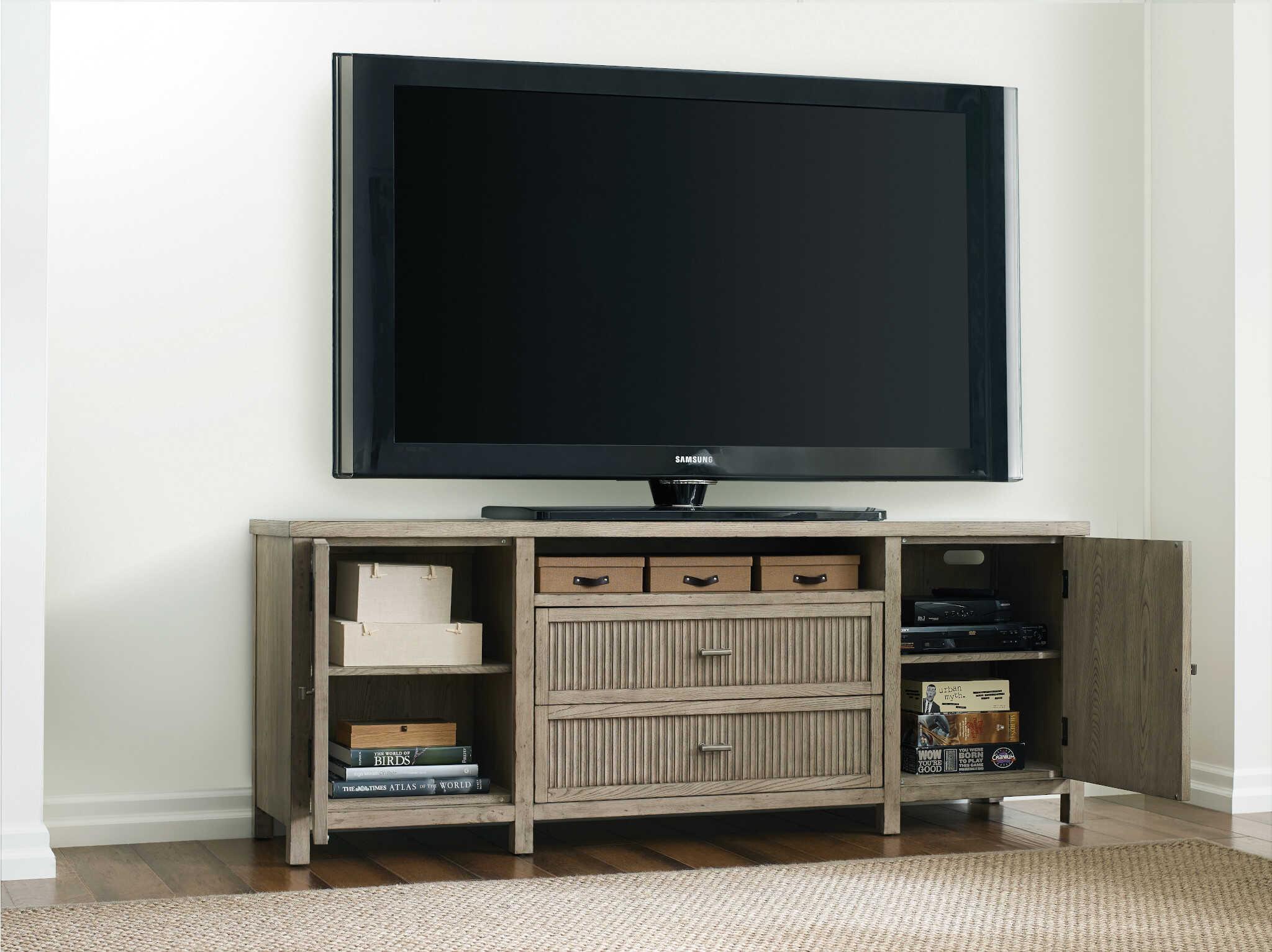 American Drew West Fork Merit 80" Elm Wood Aged Taupe Media Console
