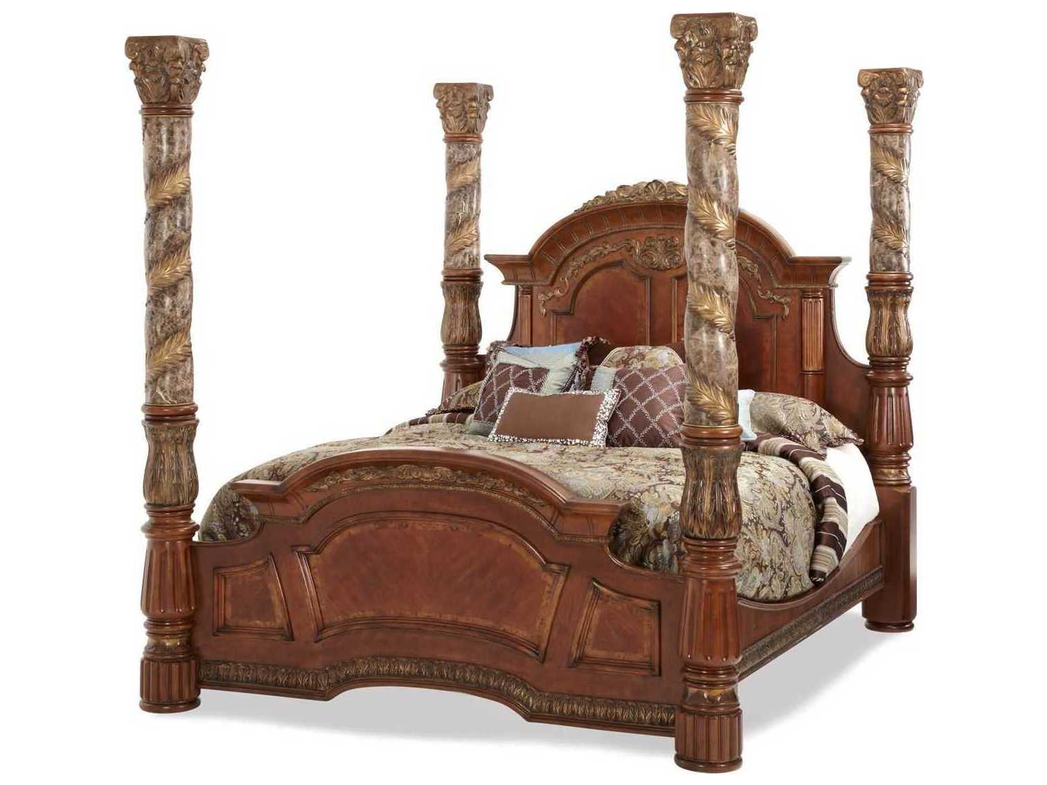 Michael Amini Villa Valencia Classic Chestnut Brown Wood King Canopy Bed