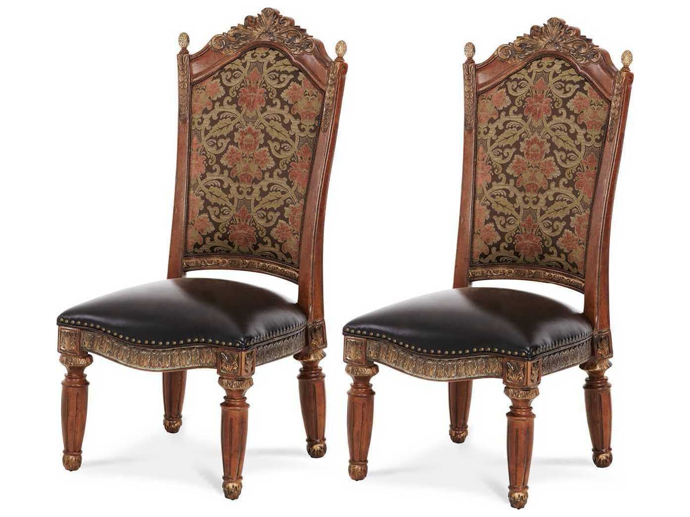 Michael Amini Villa Valencia Leather Birch Wood Brown Upholstered Side Dining Chair