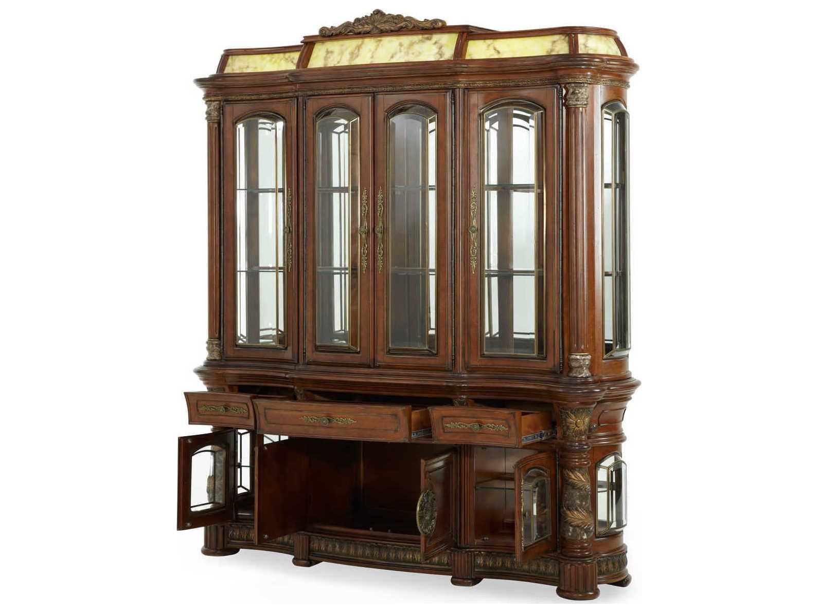 Michael Amini Villa Valencia Birch Wood Classic Chestnut Display Cabinet with Light Top