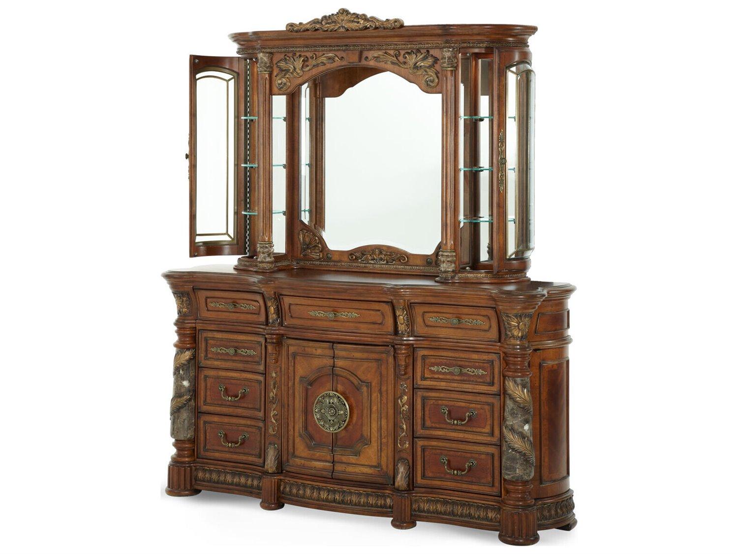 Michael Amini Villa Valencia Brown Birch Wood Dresser With Mirror Set